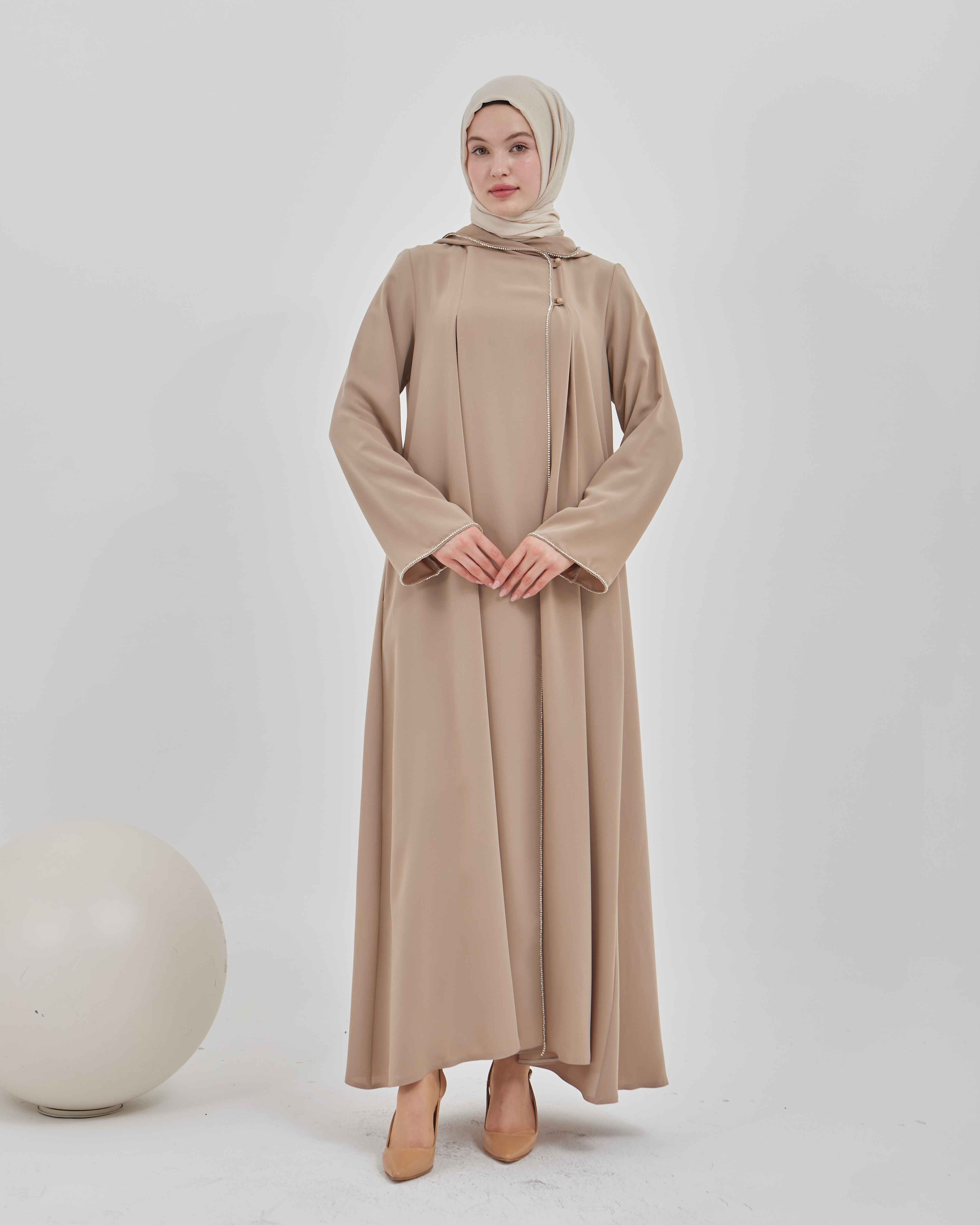 Şerit Taşlı Kapüşonlu Abaya Ferace Vizon | 211423