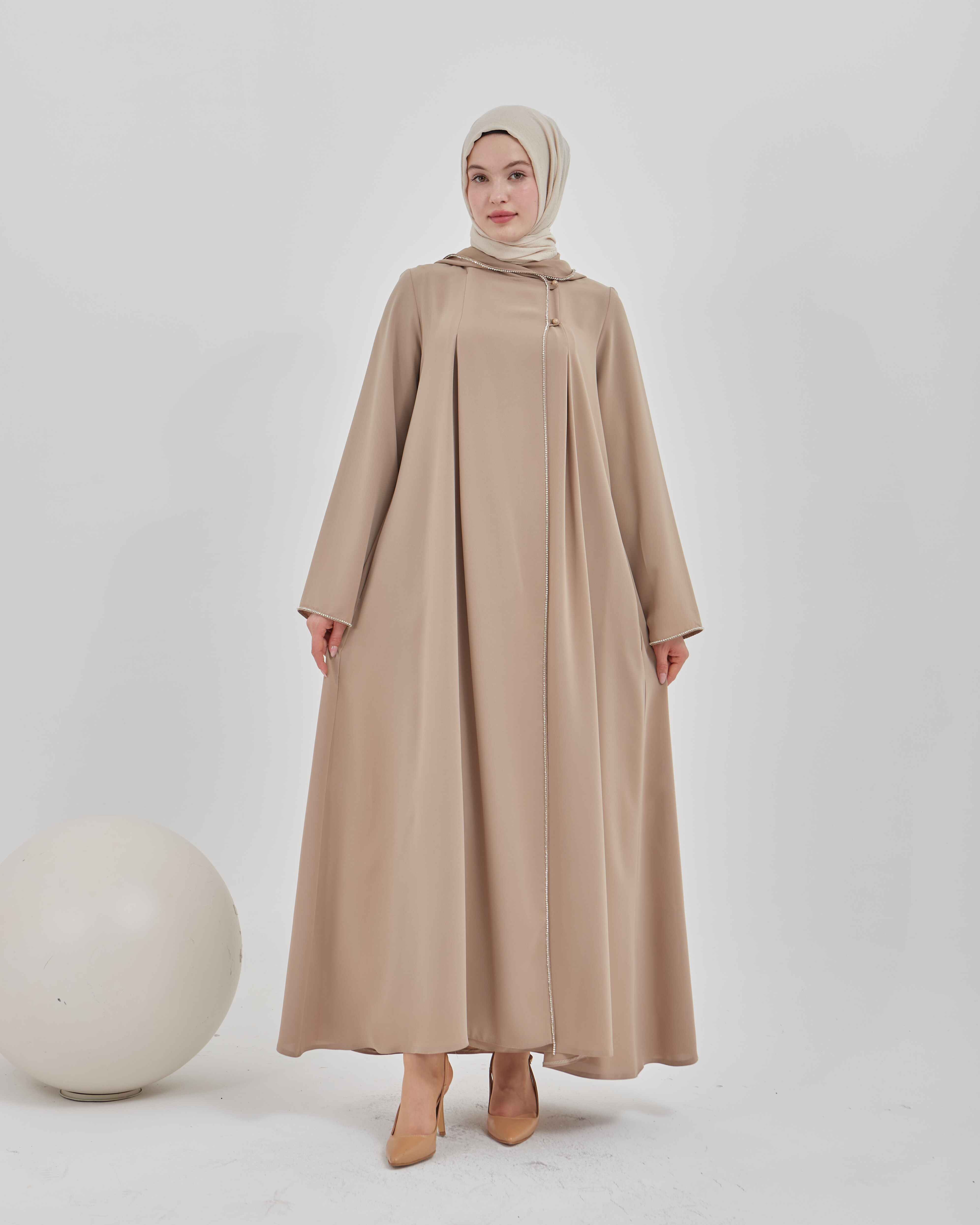 Şerit Taşlı Kapüşonlu Abaya Ferace Vizon | 211423