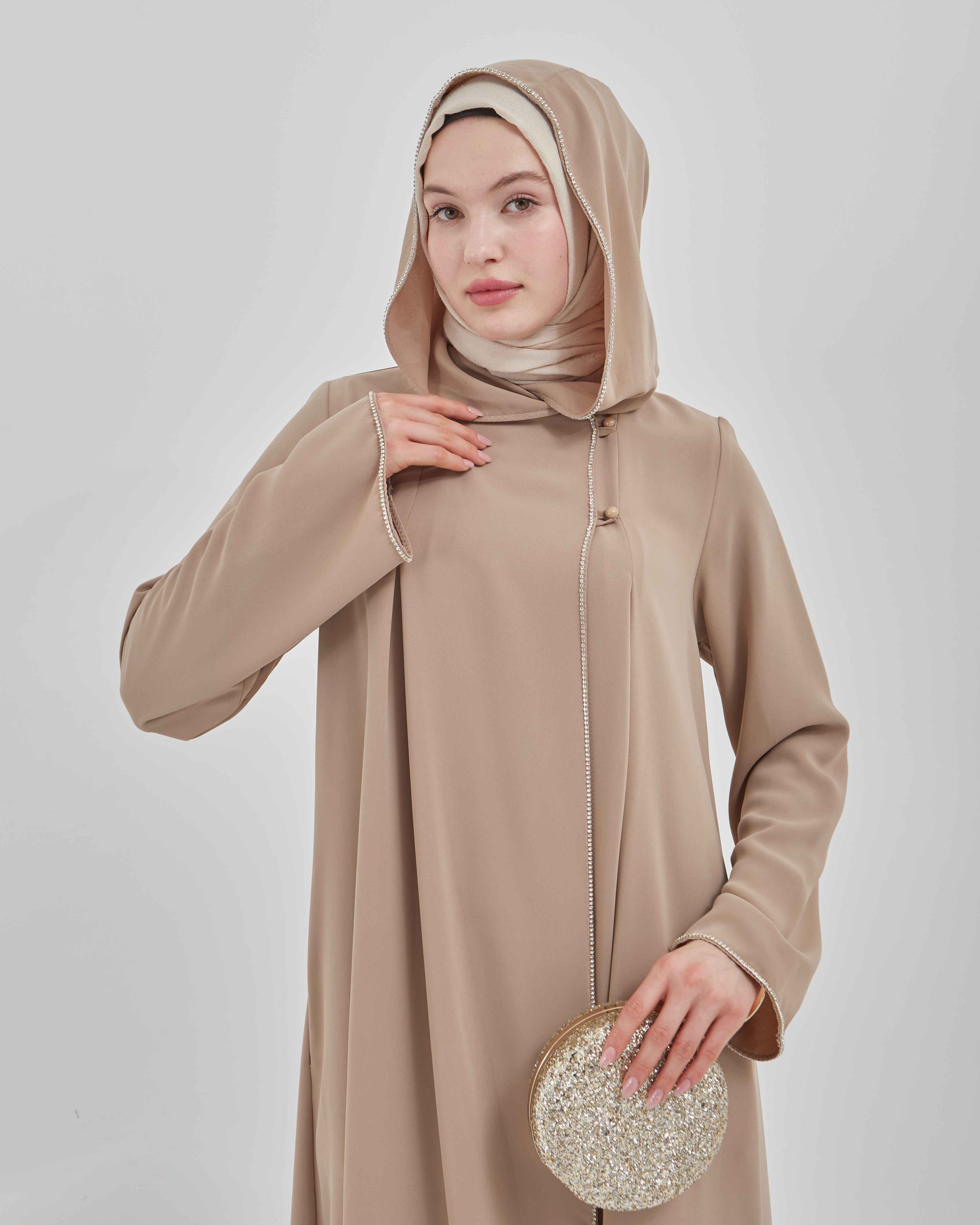 Şerit Taşlı Kapüşonlu Abaya Ferace Vizon | 211423