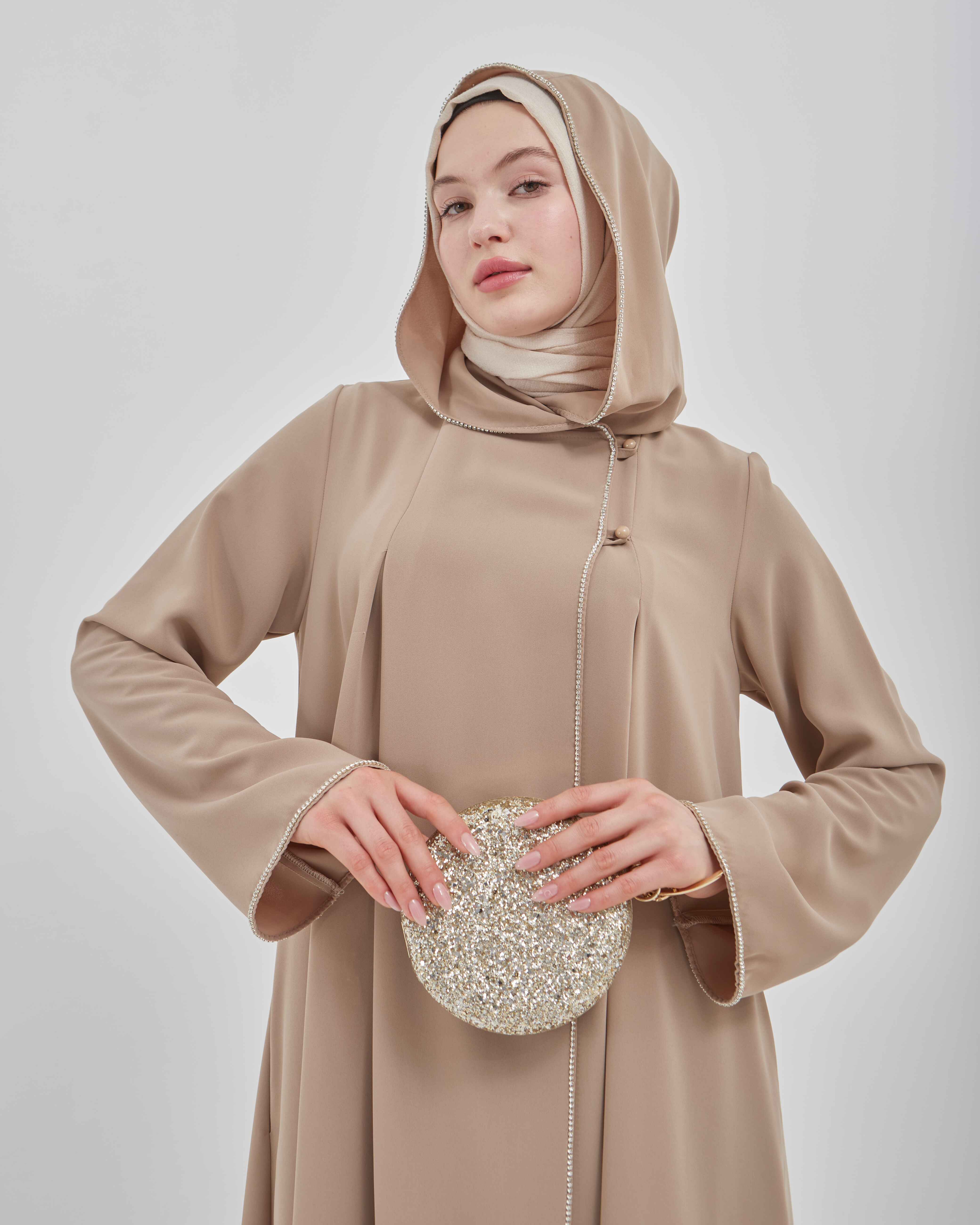 Şerit Taşlı Kapüşonlu Abaya Ferace Vizon | 211423