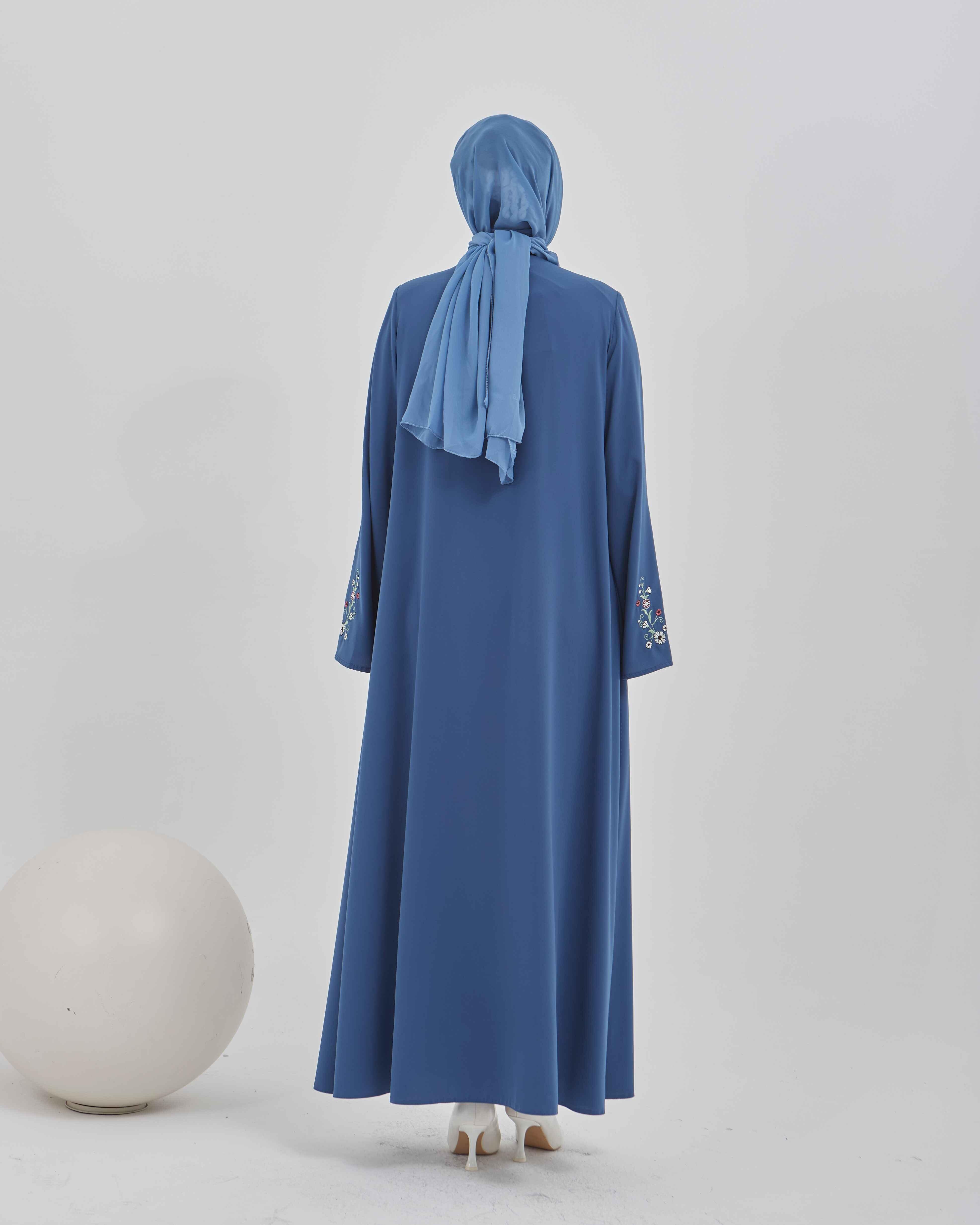 Kolları Çiçek Nakışlı Valon Kollu Ferace İndigo | 202486