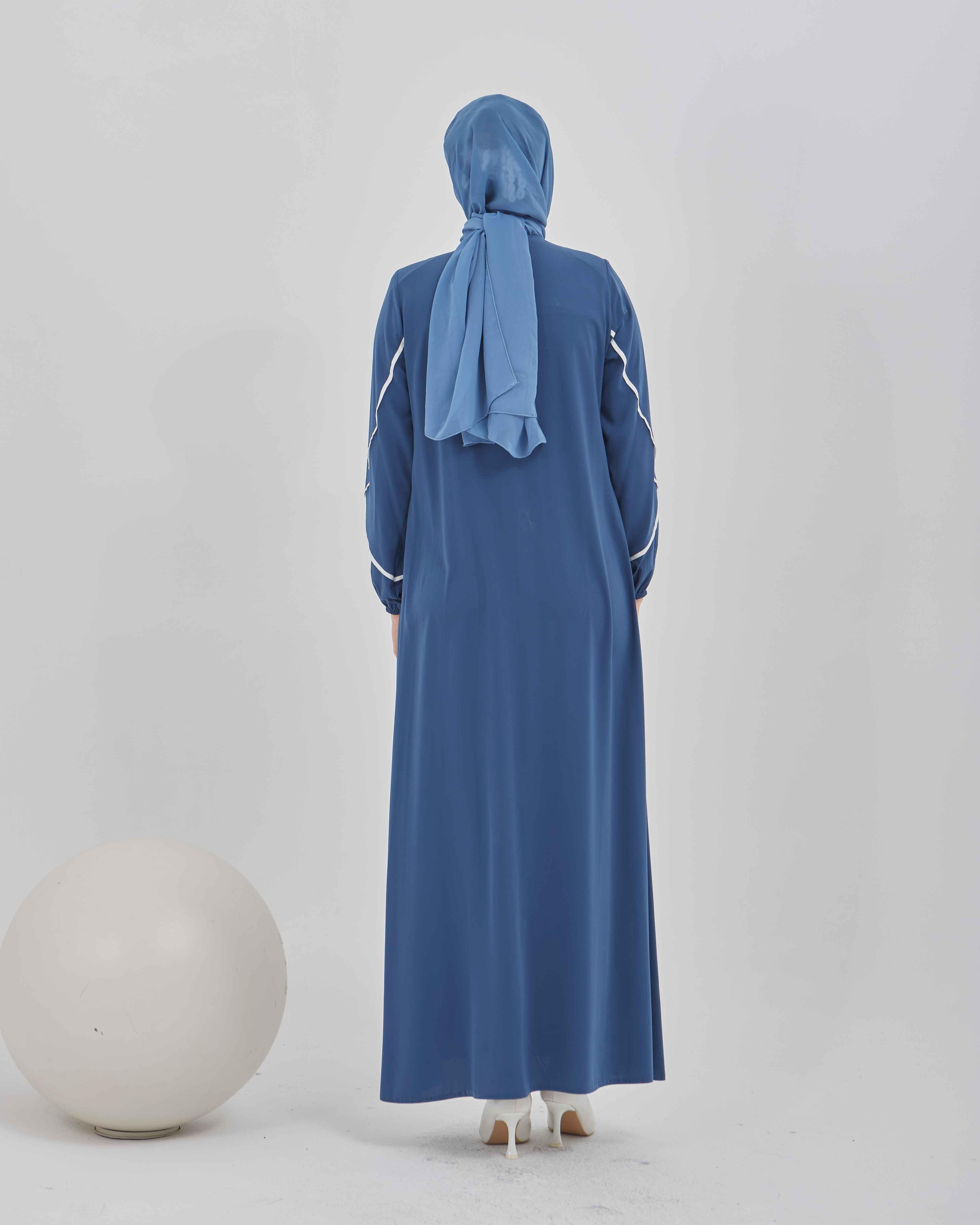 Çift Şeritli Biye Detaylı Ferace İndigo | 21116