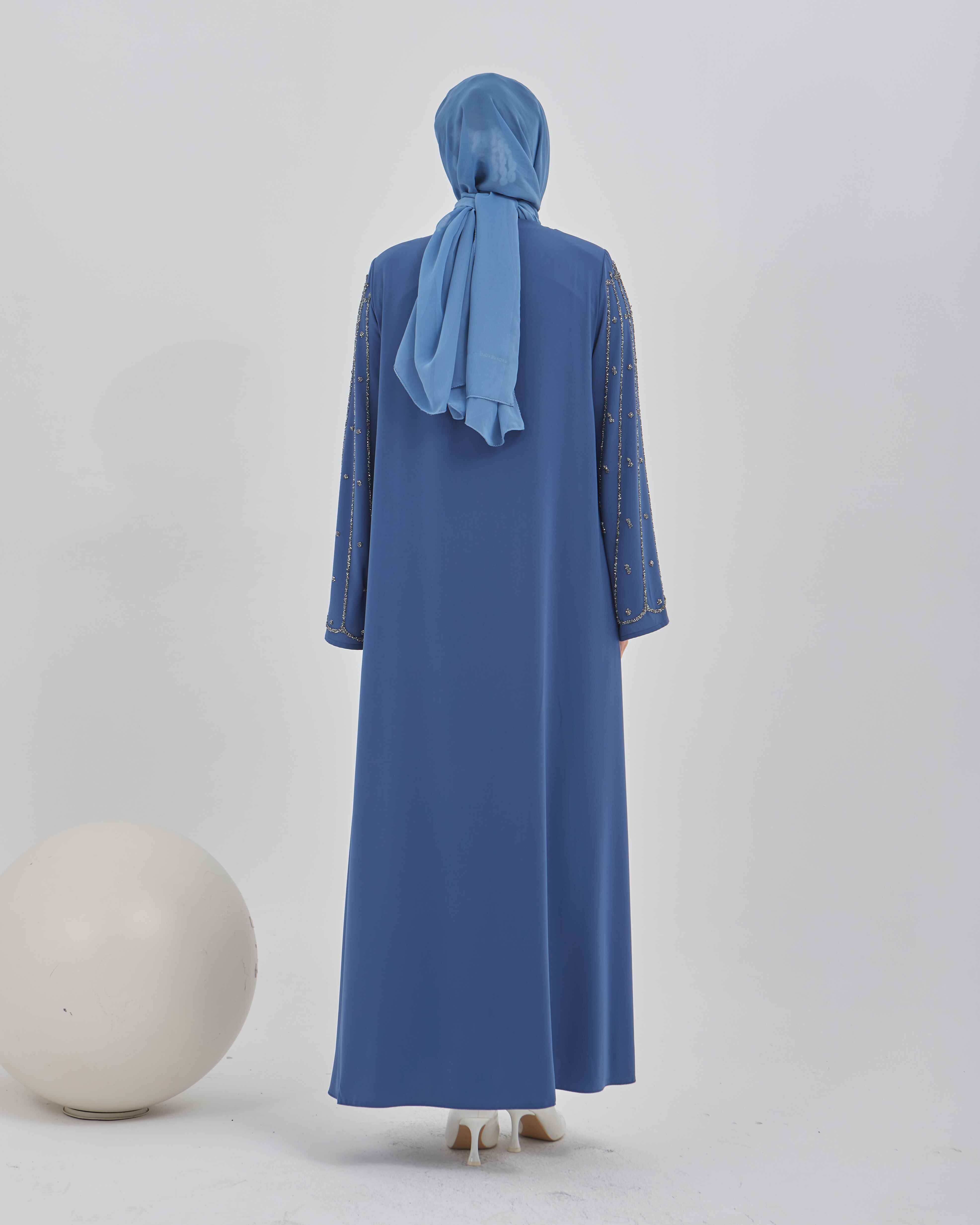 Kolları Yelpaze Desenli Taş İşlemeli Valon Kollu Ferace İndigo | 2024116