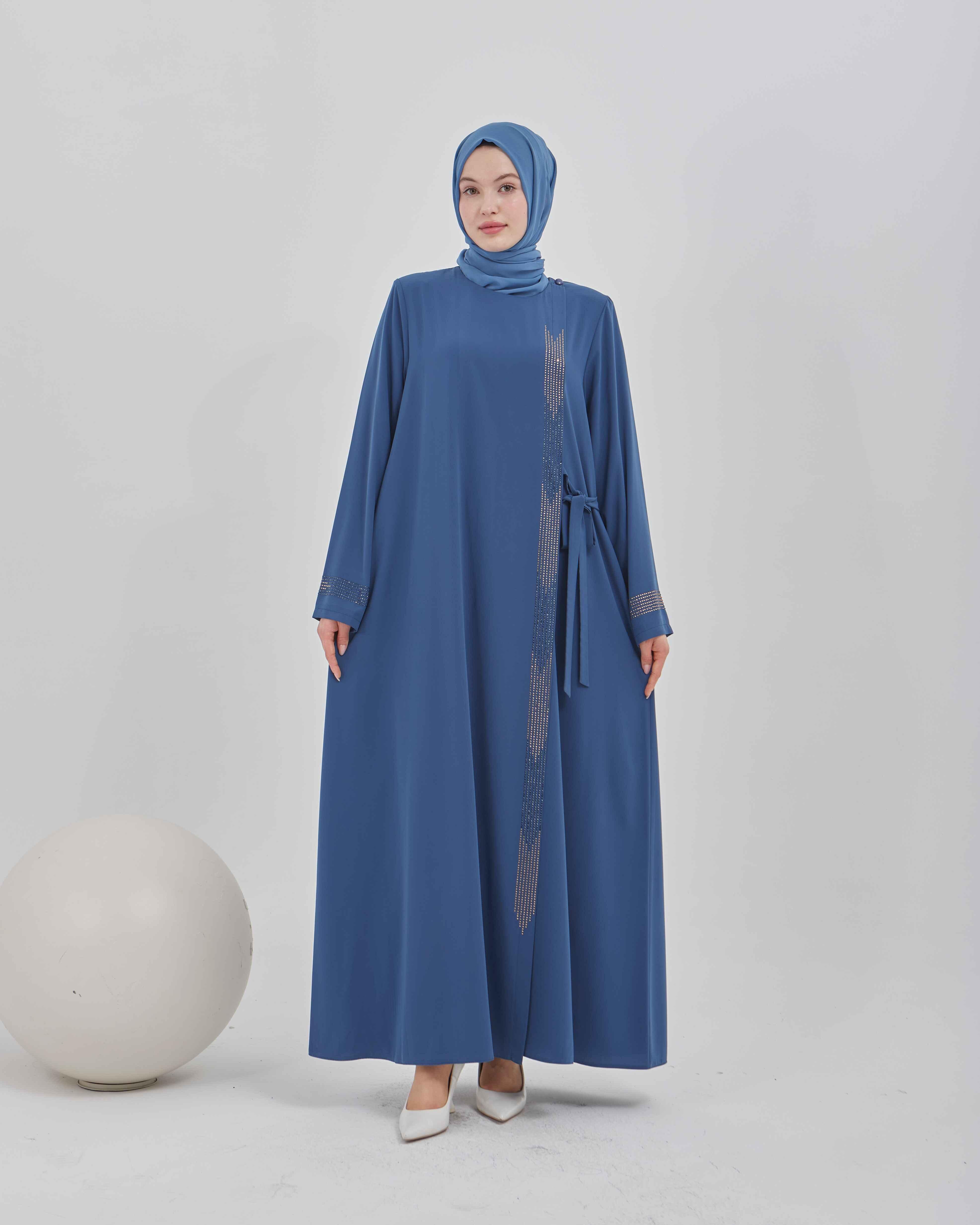 Yandan Bağlamalı Taş İşlemeli Ferace İndigo | 21156