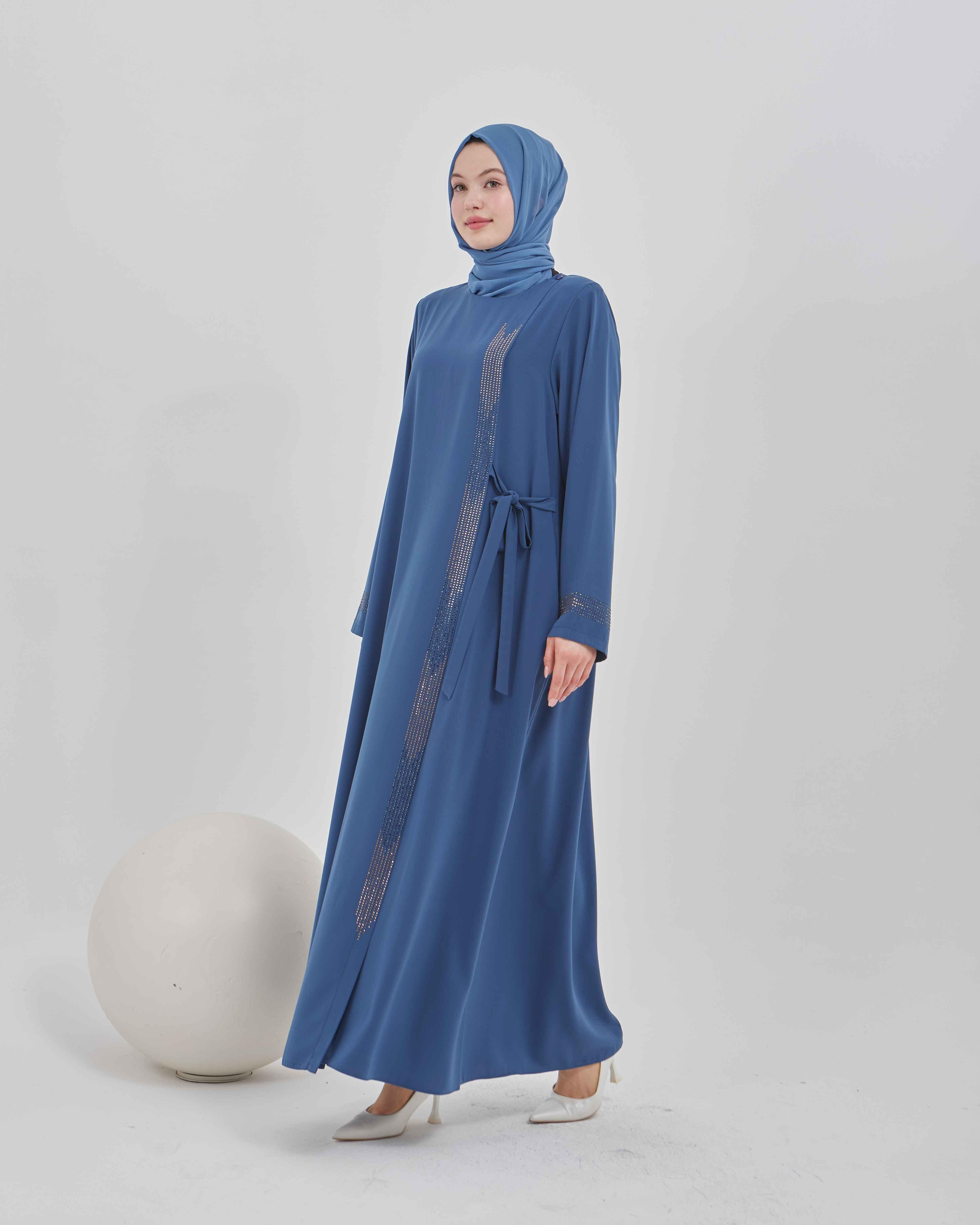 Yandan Bağlamalı Taş İşlemeli Ferace İndigo | 21156