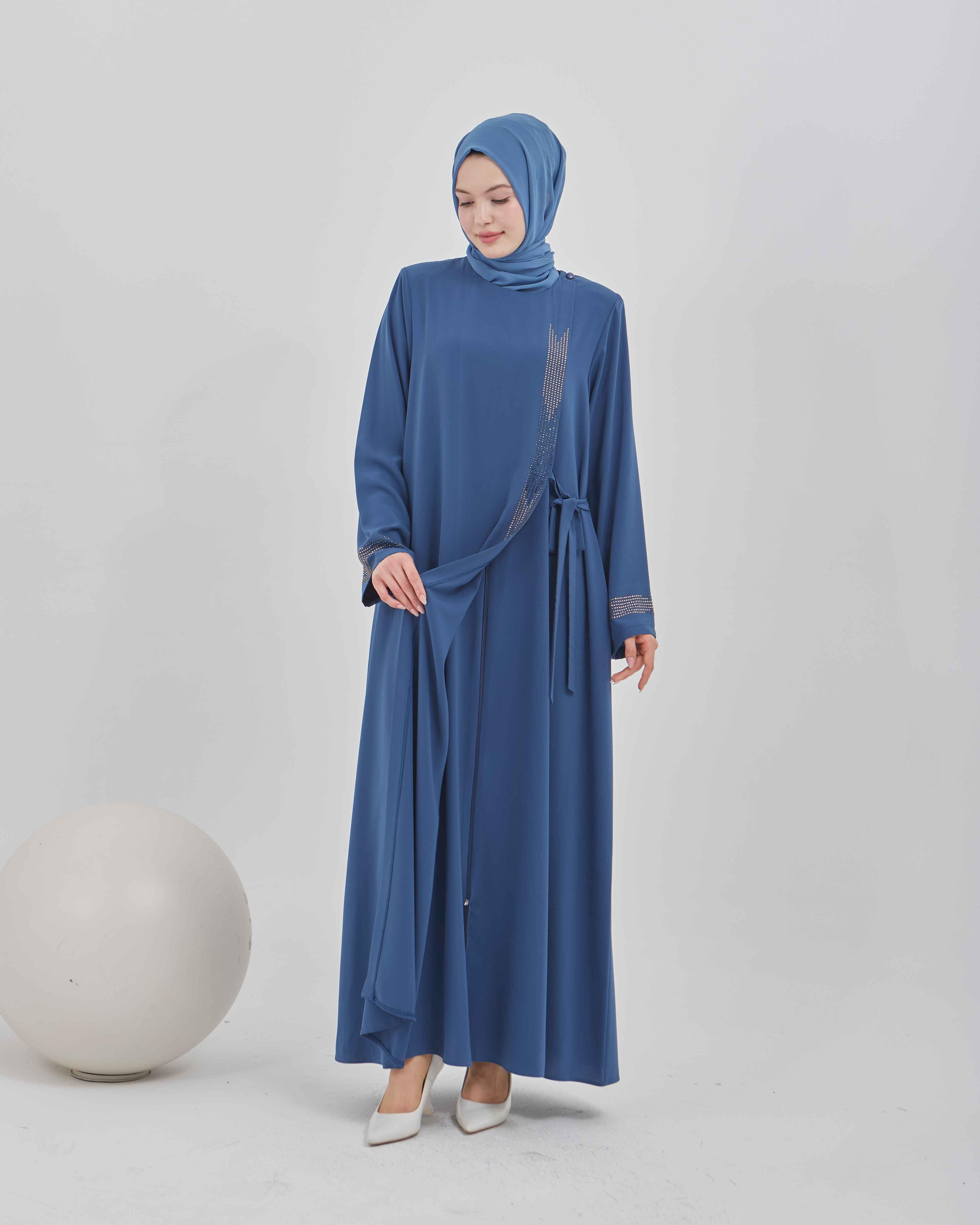 Yandan Bağlamalı Taş İşlemeli Ferace İndigo | 21156