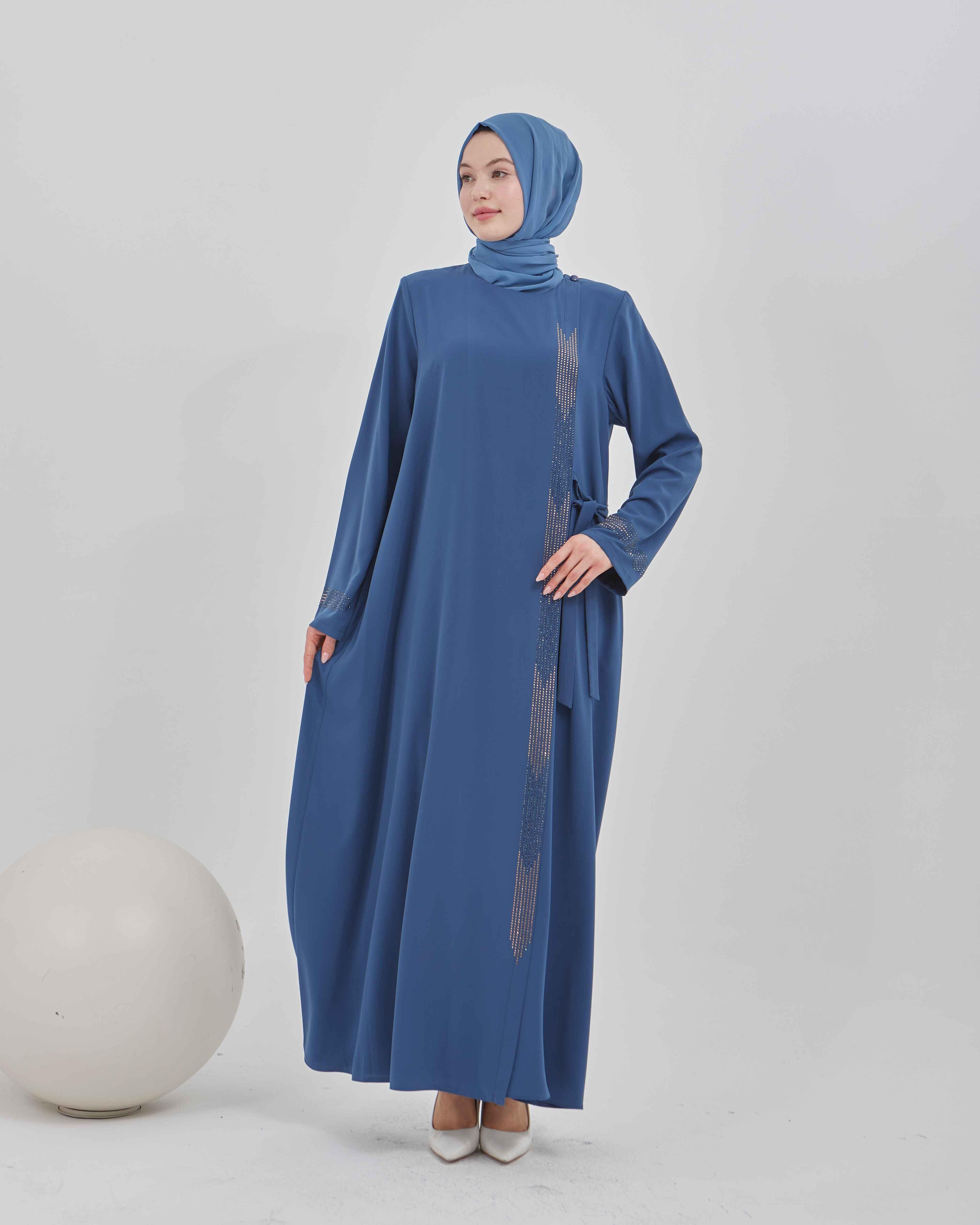 Yandan Bağlamalı Taş İşlemeli Ferace İndigo | 21156