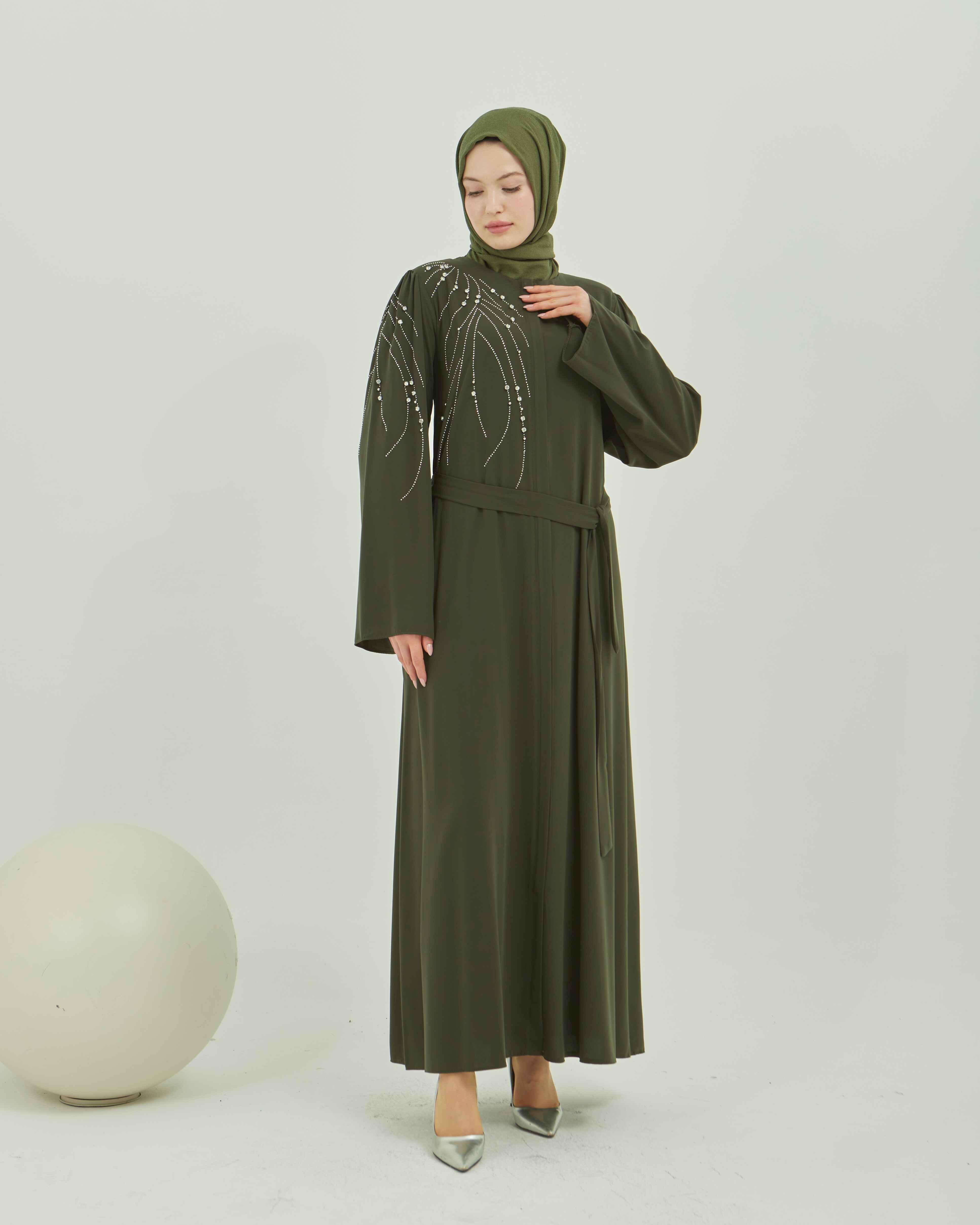 Omuz ve Kolu Zarif Taş İşlemeli Valon Kollu Kurdele Detaylı Ferace Haki | 21099