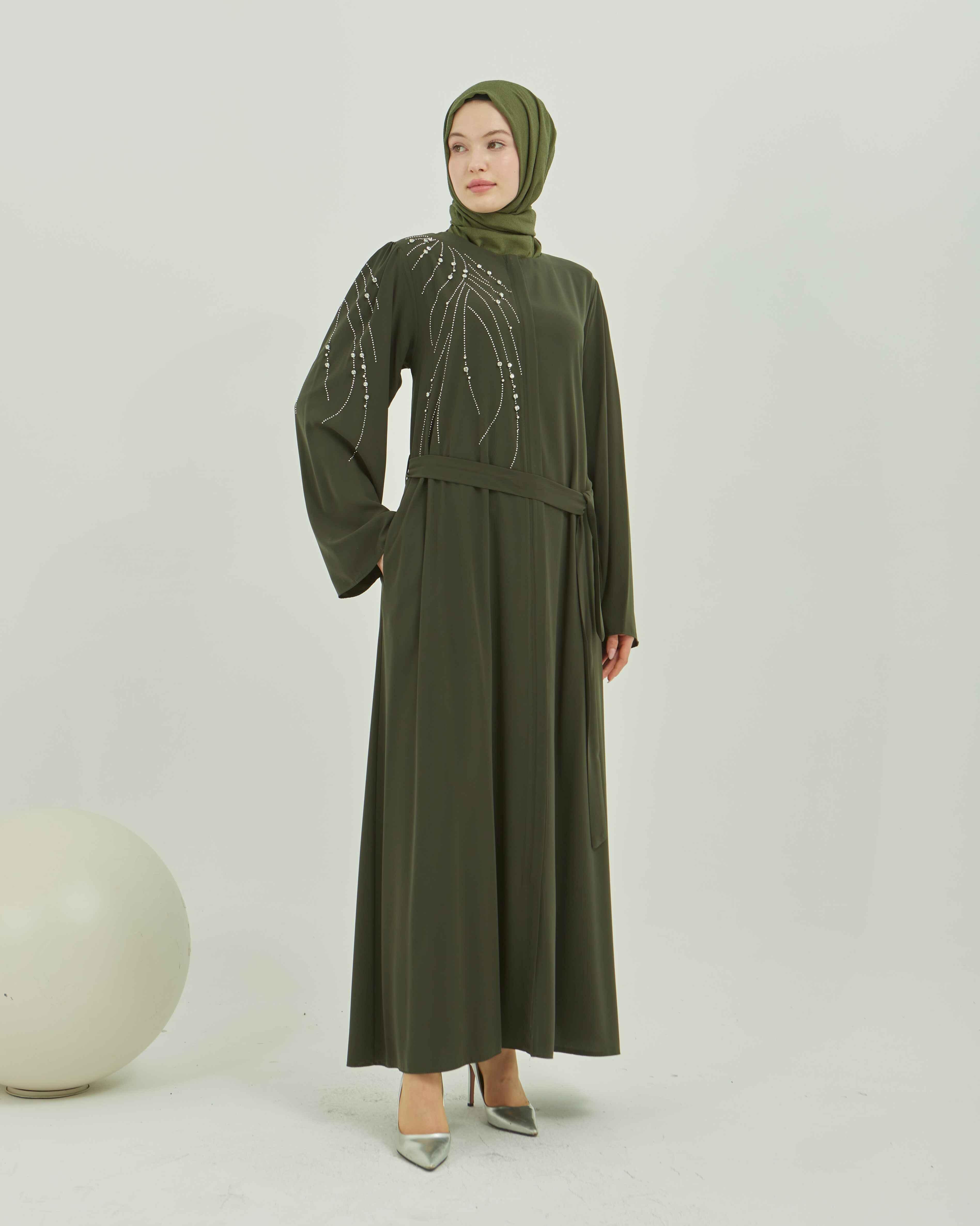 Omuz ve Kolu Zarif Taş İşlemeli Valon Kollu Kurdele Detaylı Ferace Haki | 21099