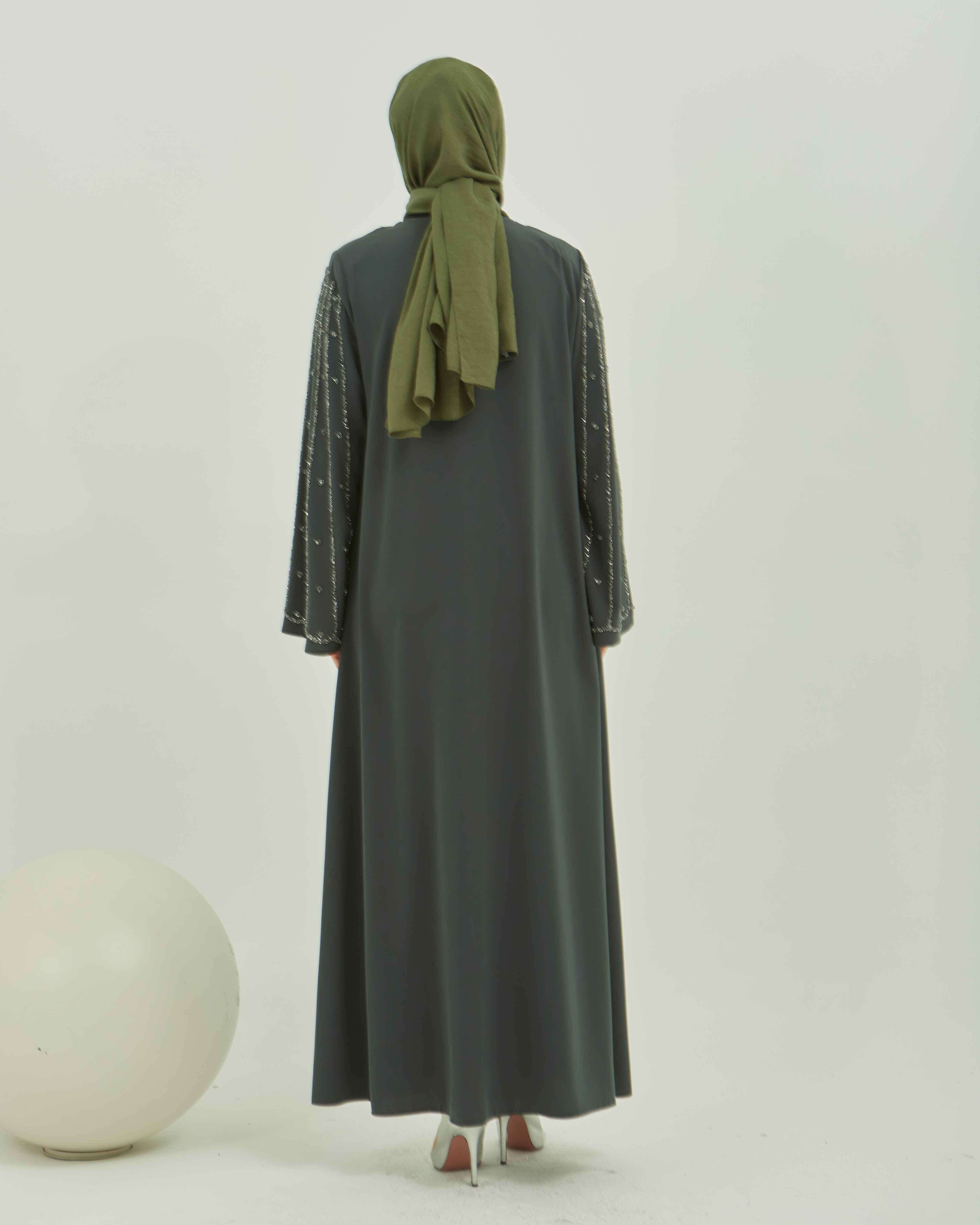 Kolları Yelpaze Desenli Taş İşlemeli Valon Kollu Ferace Haki | 2024119