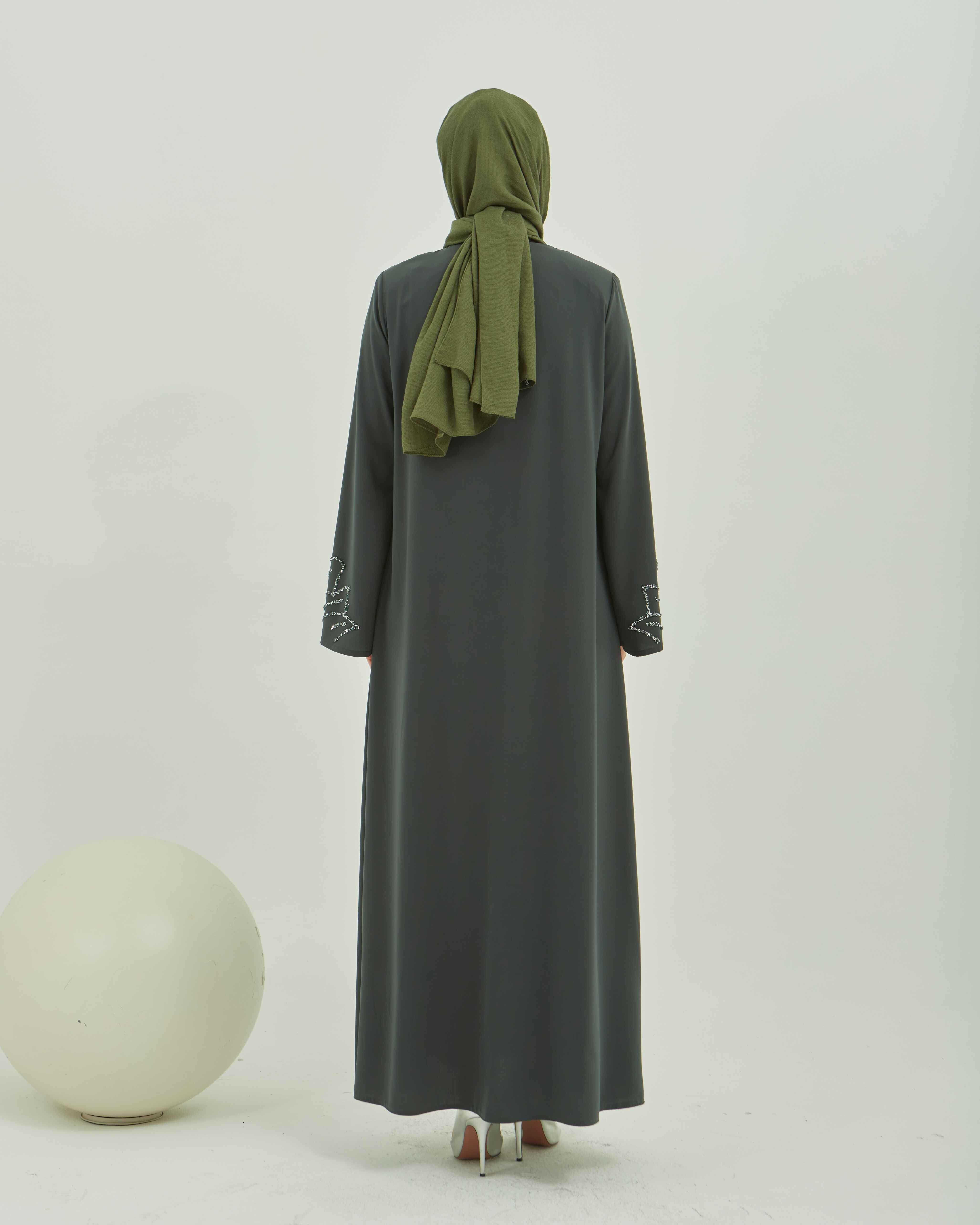 Kolları Taş İşlemeli Valon Kollu Ferace Haki | 2024129