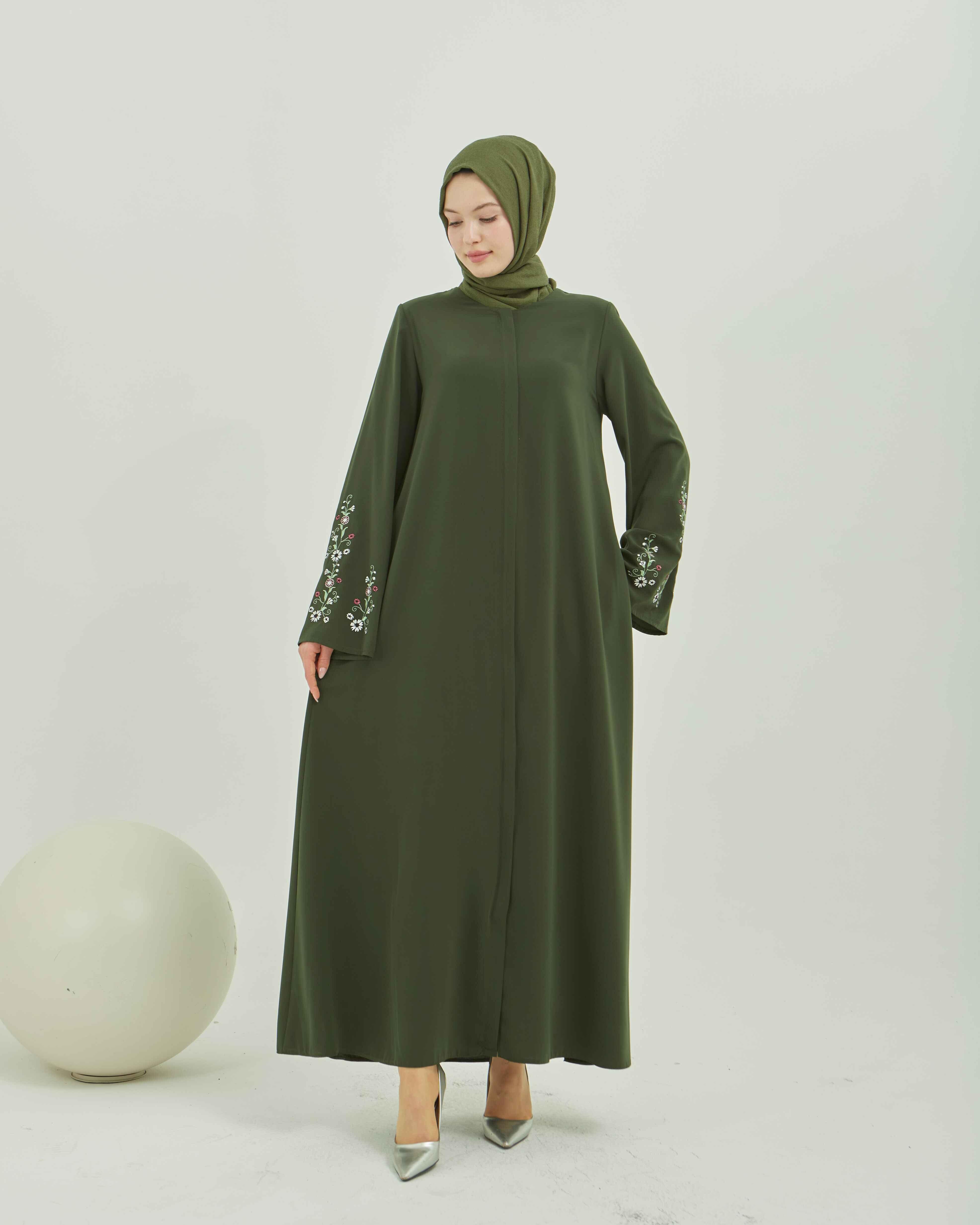 Kolları Çiçek Nakışlı Valon Kollu Ferace Haki | 202489