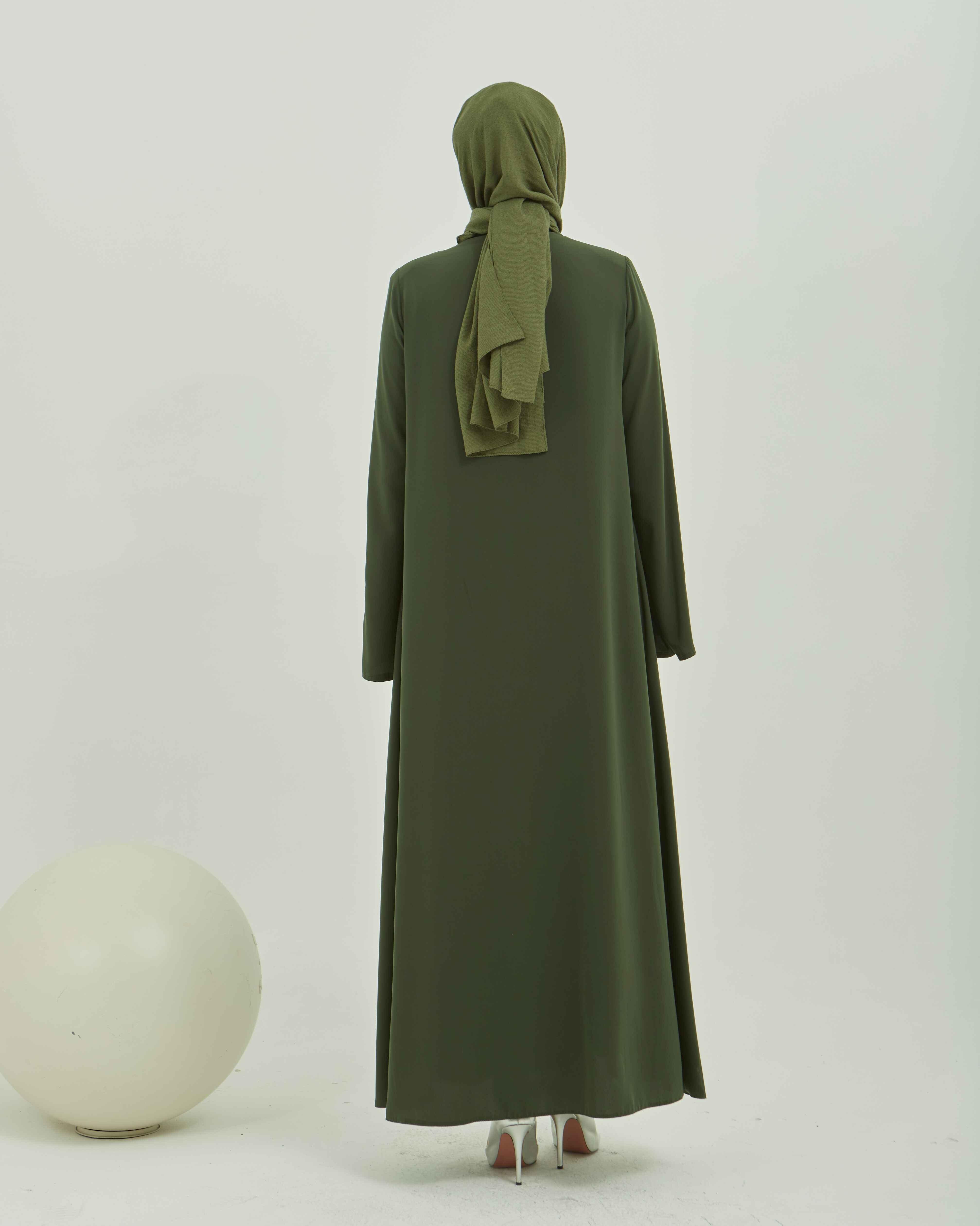 Kolları Çiçek Nakışlı Valon Kollu Ferace Haki | 202489