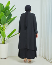Önü ve Arkası Şifonlu Taş Detaylı Büyük Beden Sendi Elbise Siyah | 8013-3-1
