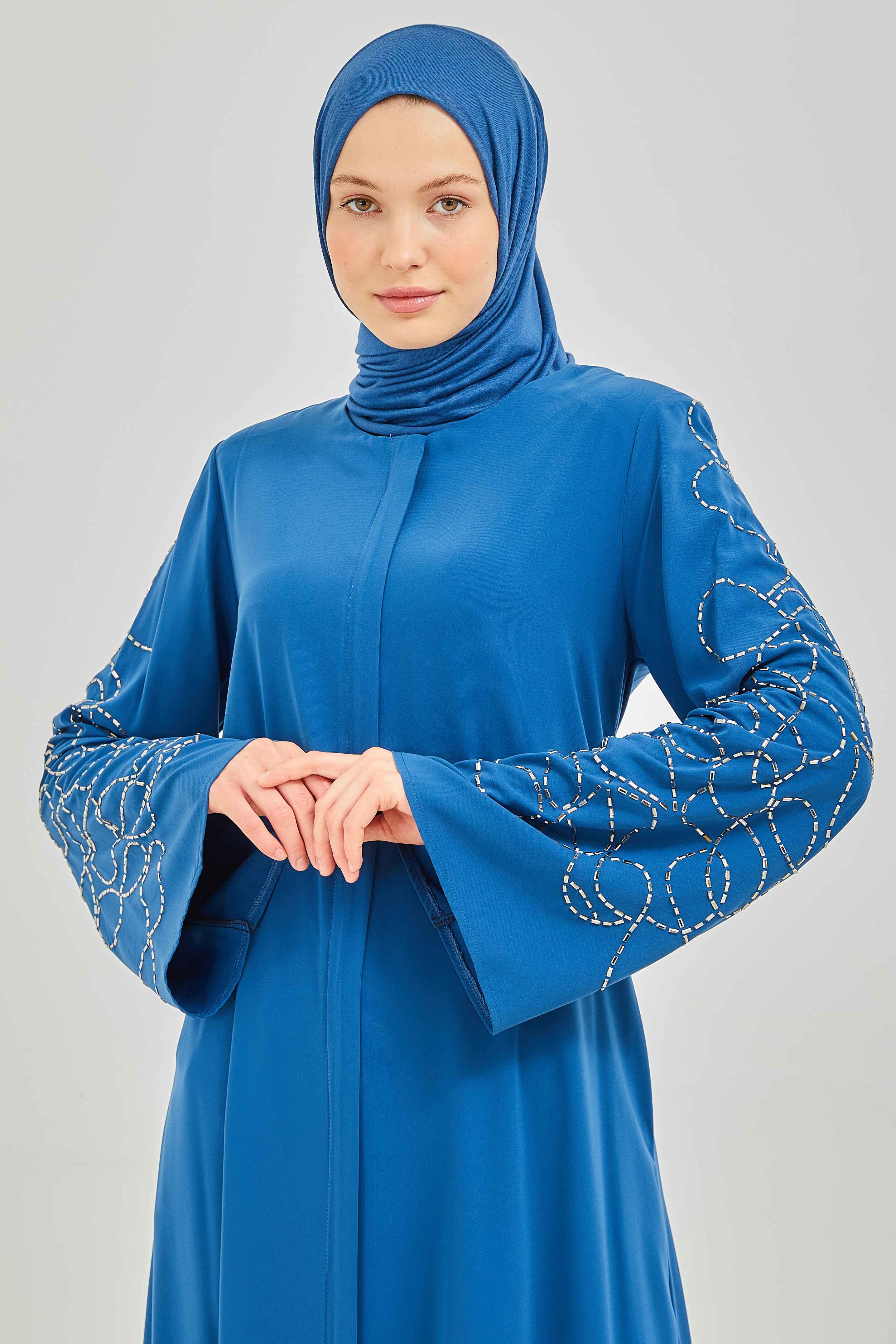 Kolları Taş Deseni İşlemeli Valon Kollu Ferace İndigo | 202466