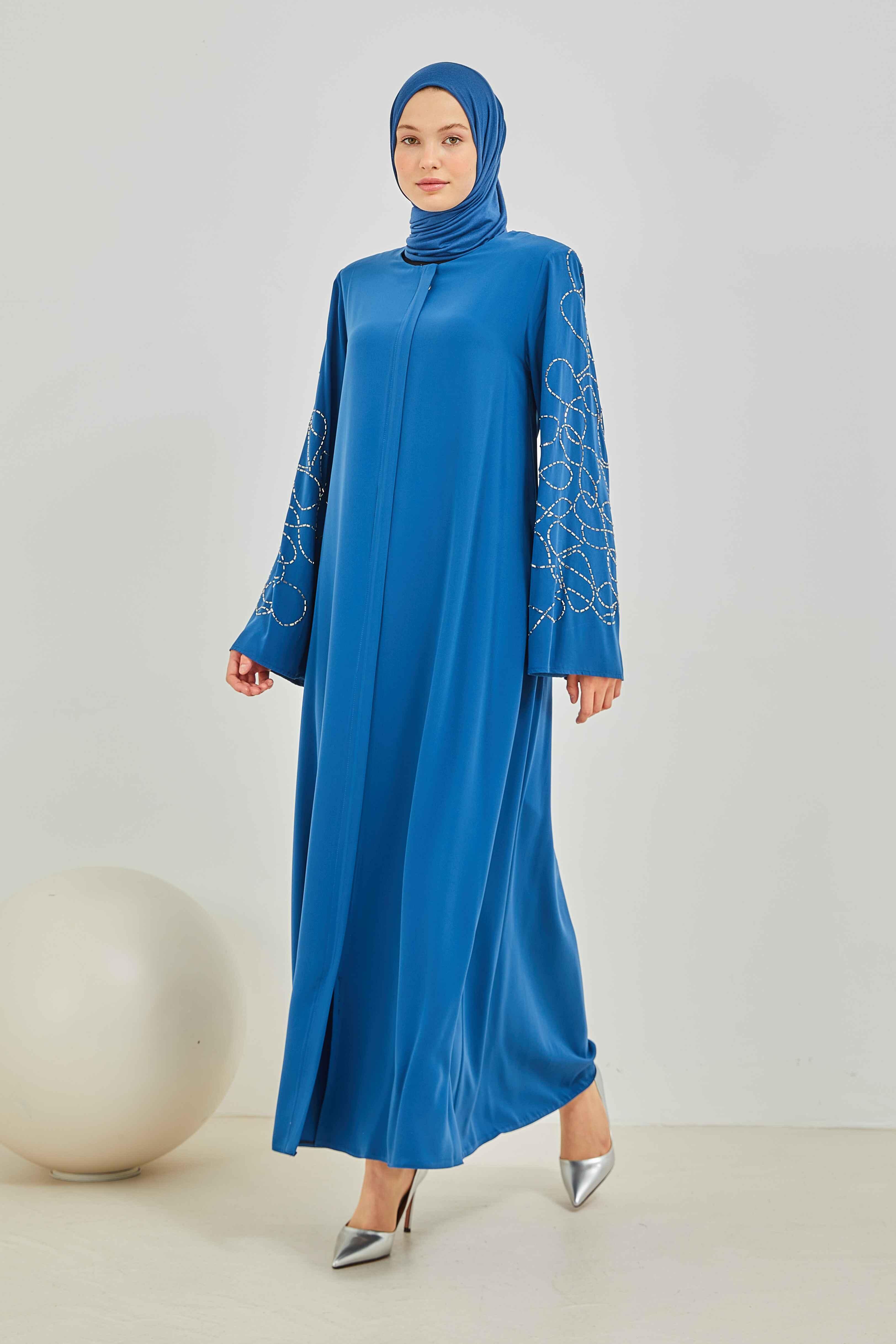 Kolları Taş Deseni İşlemeli Valon Kollu Ferace İndigo | 202466