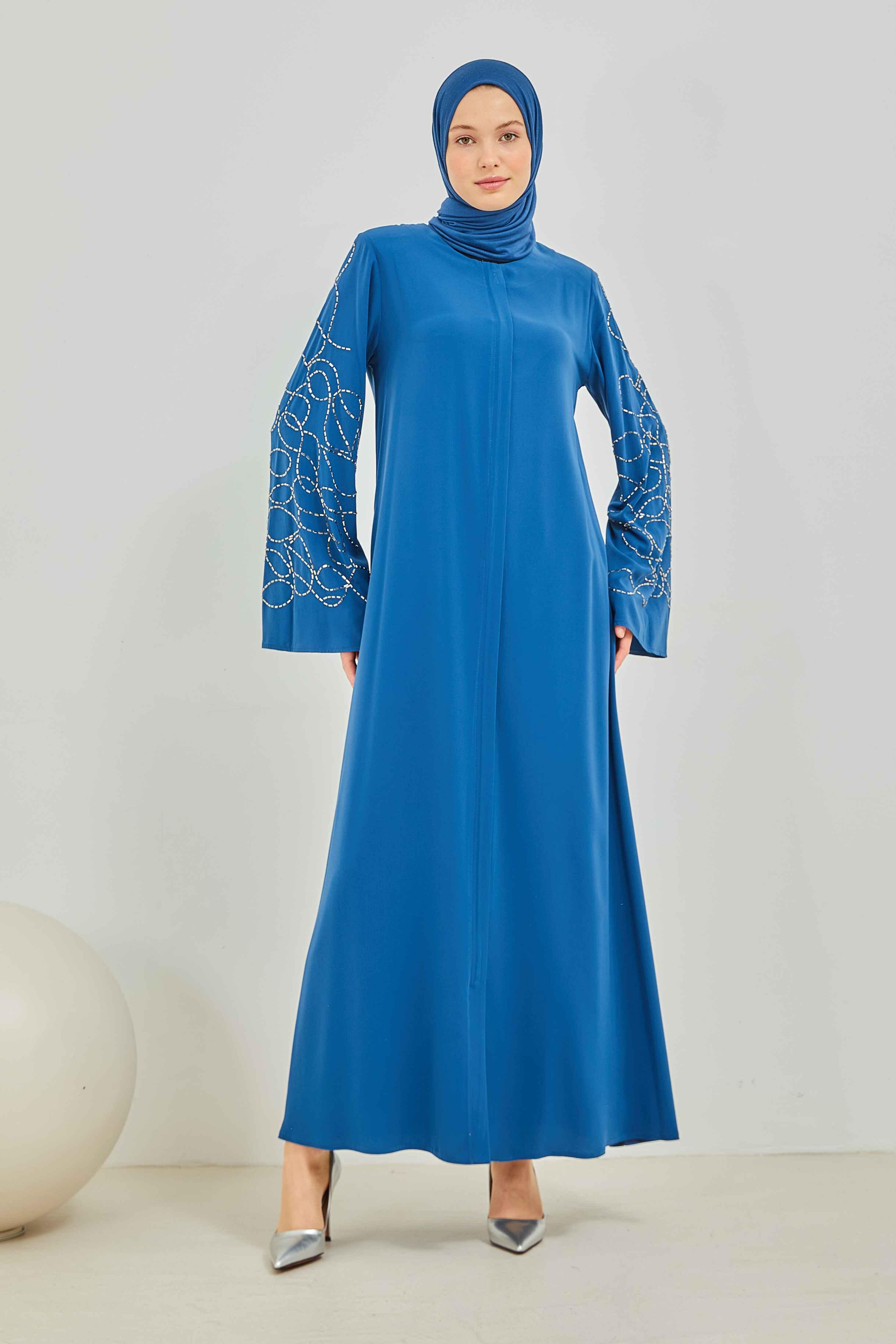 Kolları Taş Deseni İşlemeli Valon Kollu Ferace İndigo | 202466