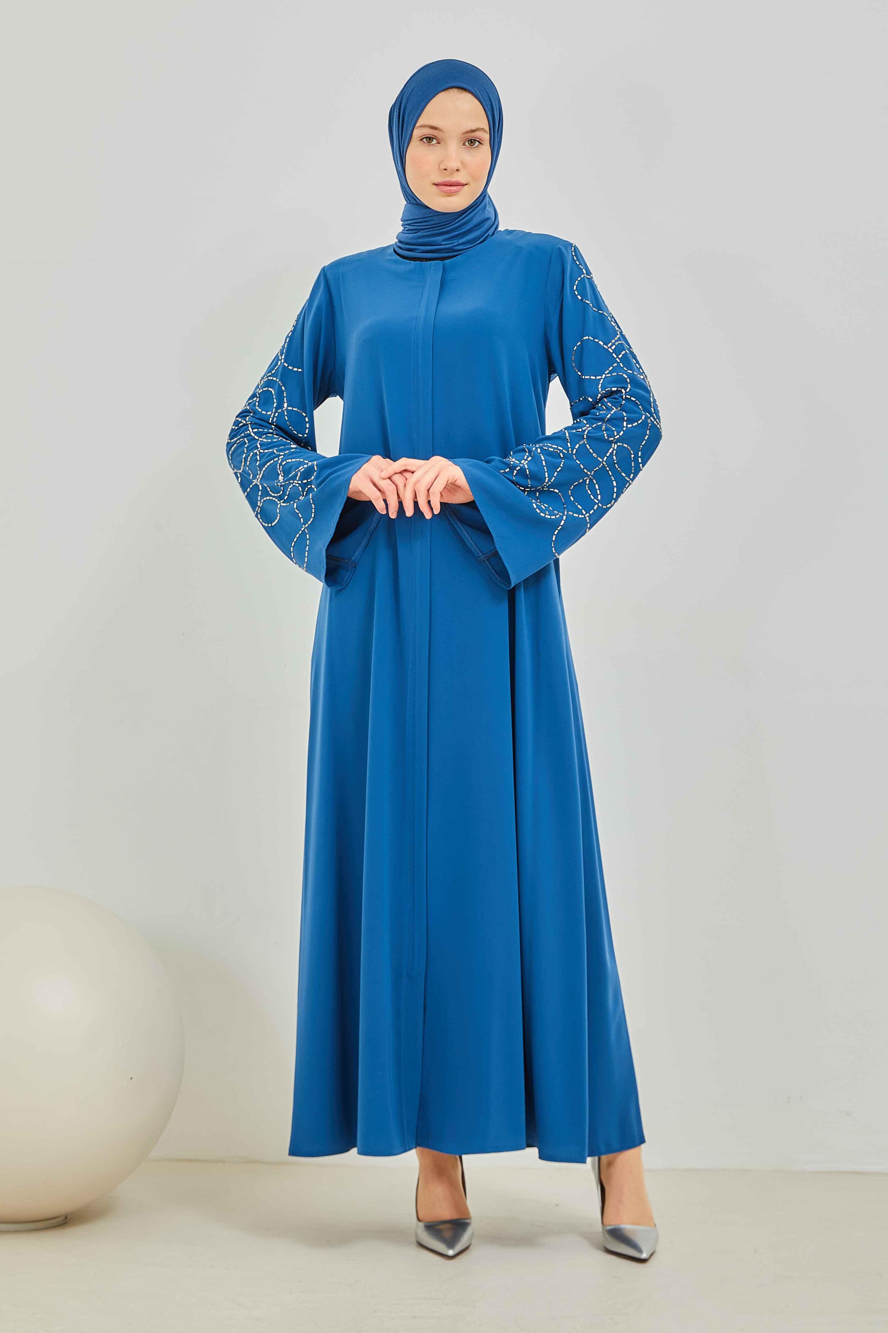 Kolları Taş Deseni İşlemeli Valon Kollu Ferace İndigo | 202466