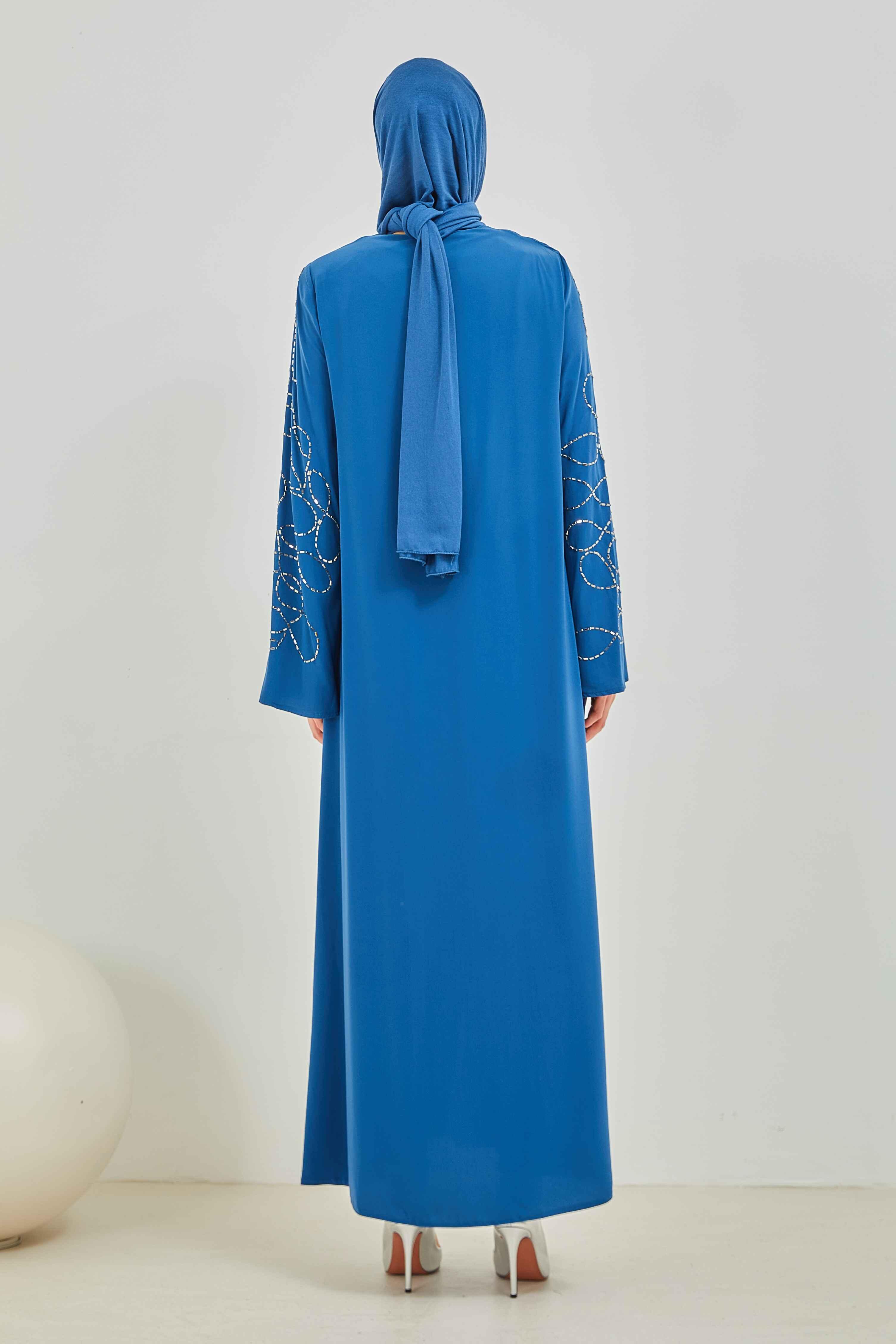 Kolları Taş Deseni İşlemeli Valon Kollu Ferace İndigo | 202466