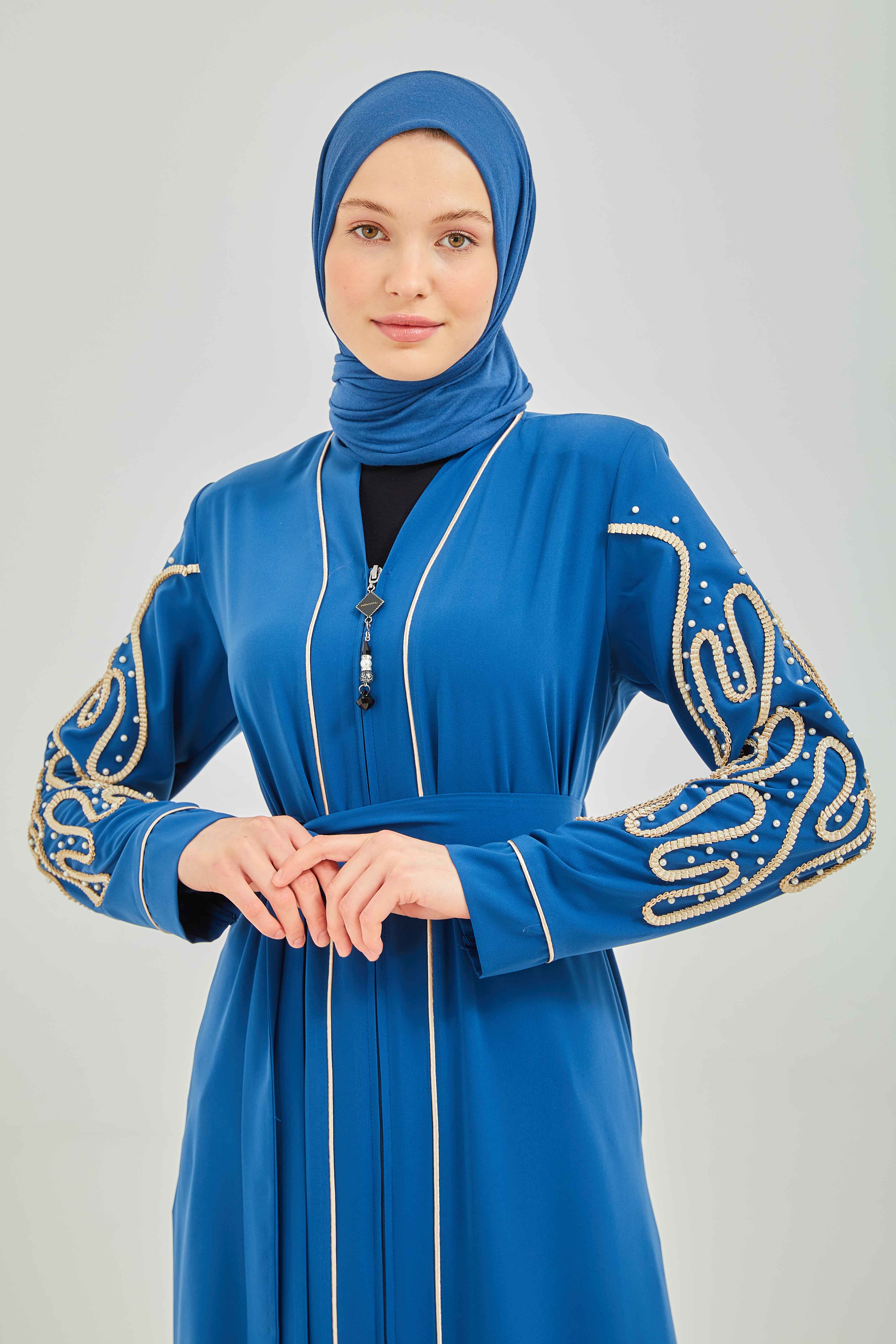 İnci ve Kurdele Nakışı Detaylı Biyeli Abaya Ferace İndigo | 206766