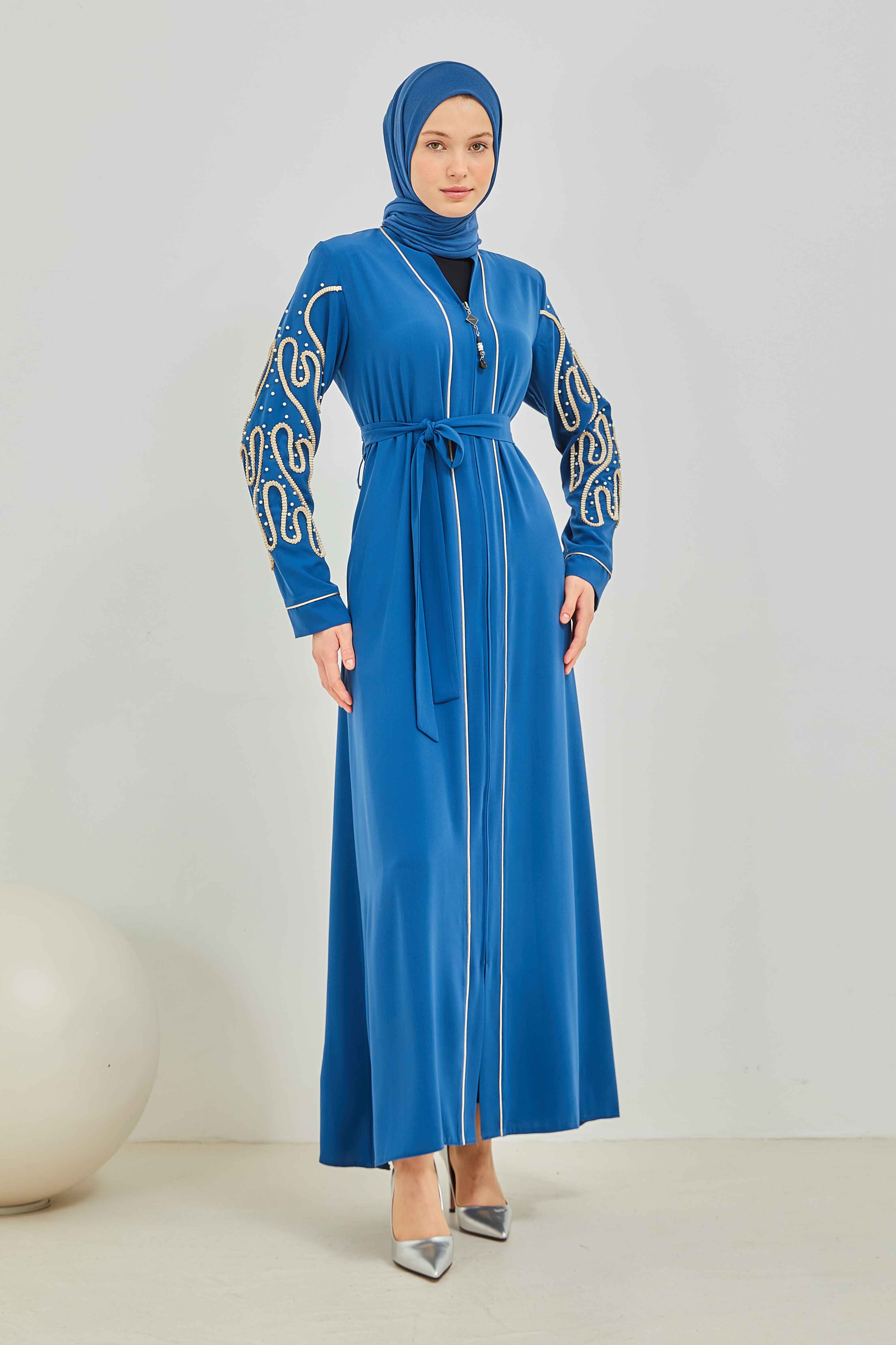 İnci ve Kurdele Nakışı Detaylı Biyeli Abaya Ferace İndigo | 206766