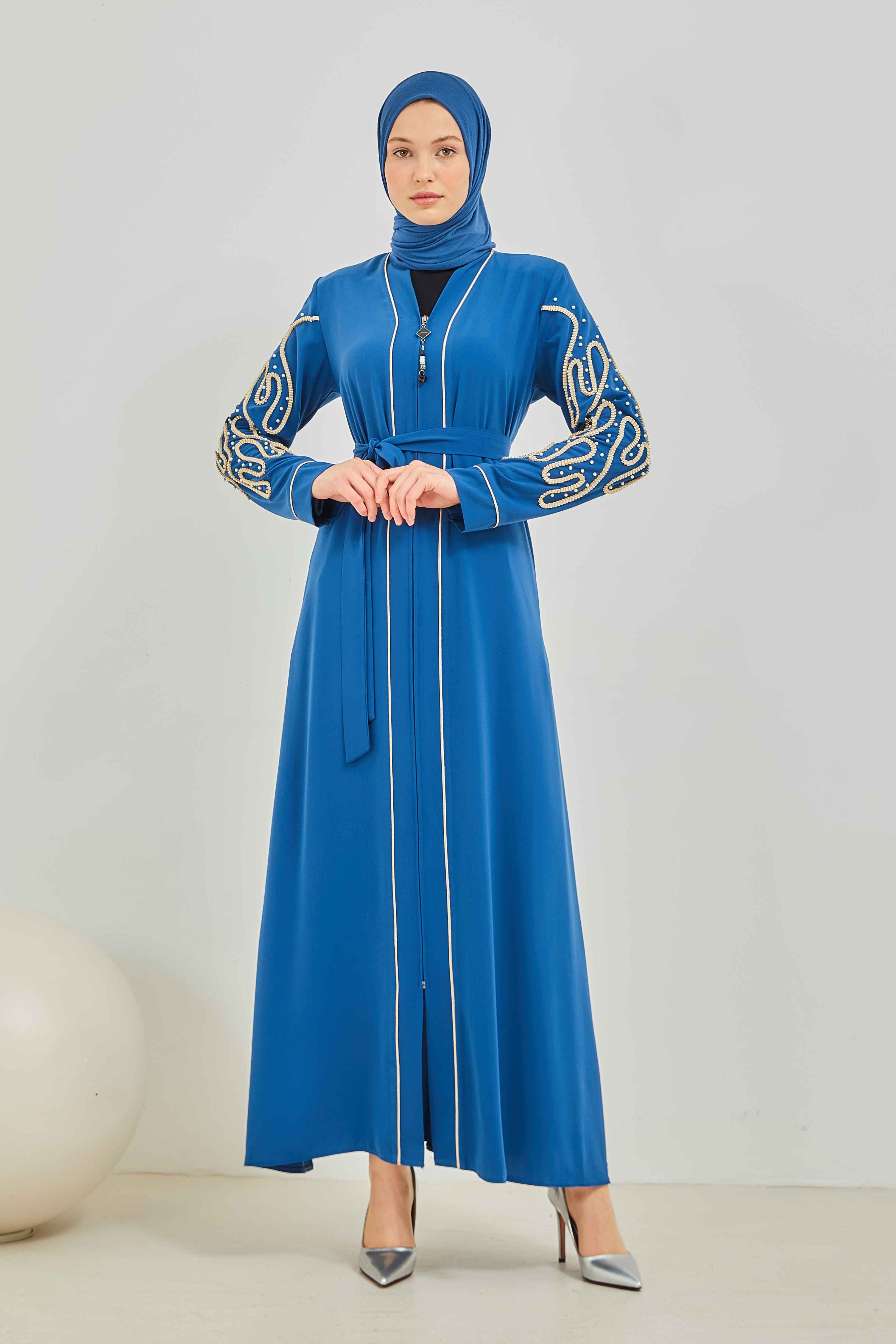 İnci ve Kurdele Nakışı Detaylı Biyeli Abaya Ferace İndigo | 206766