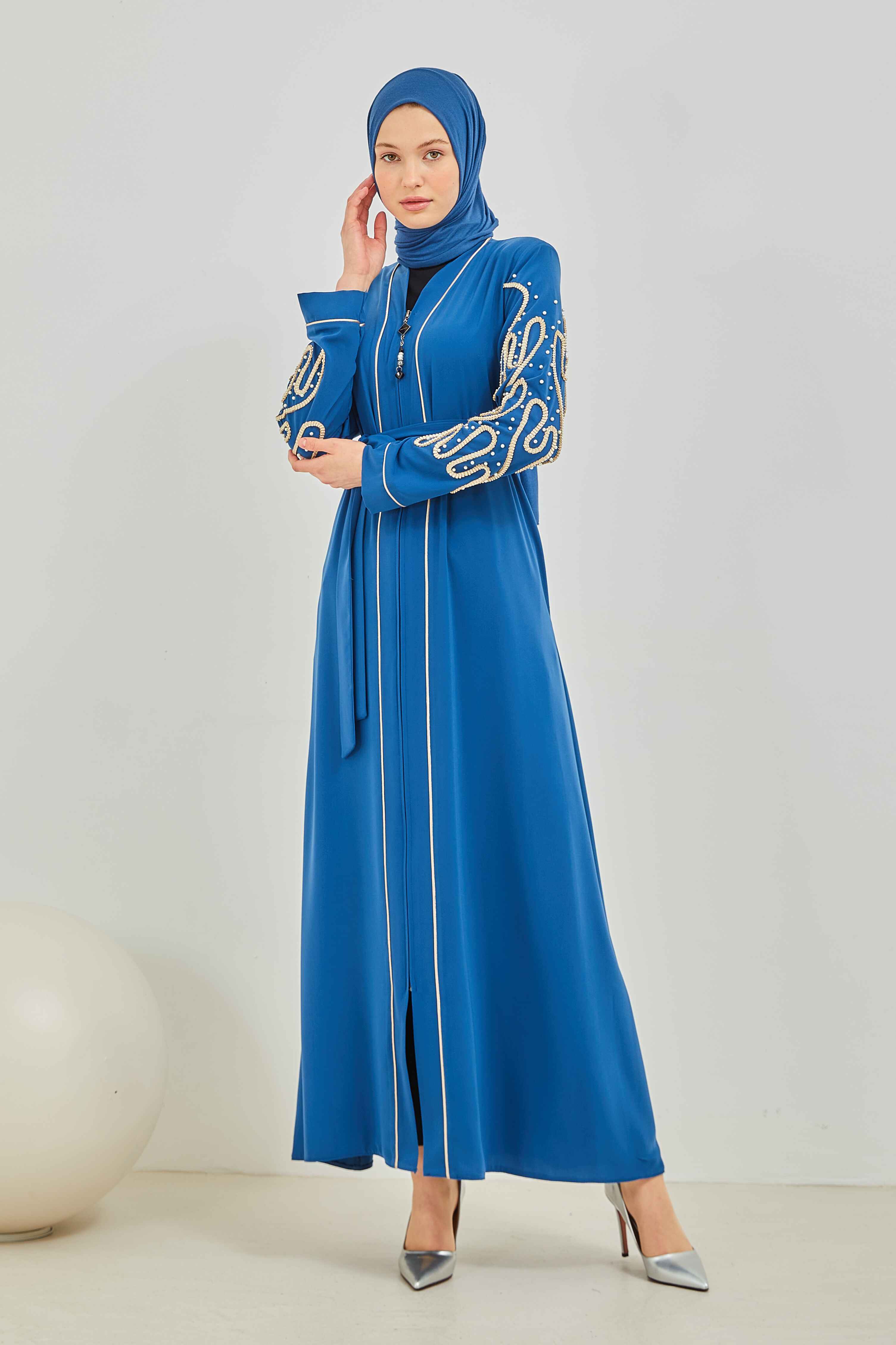 İnci ve Kurdele Nakışı Detaylı Biyeli Abaya Ferace İndigo | 206766