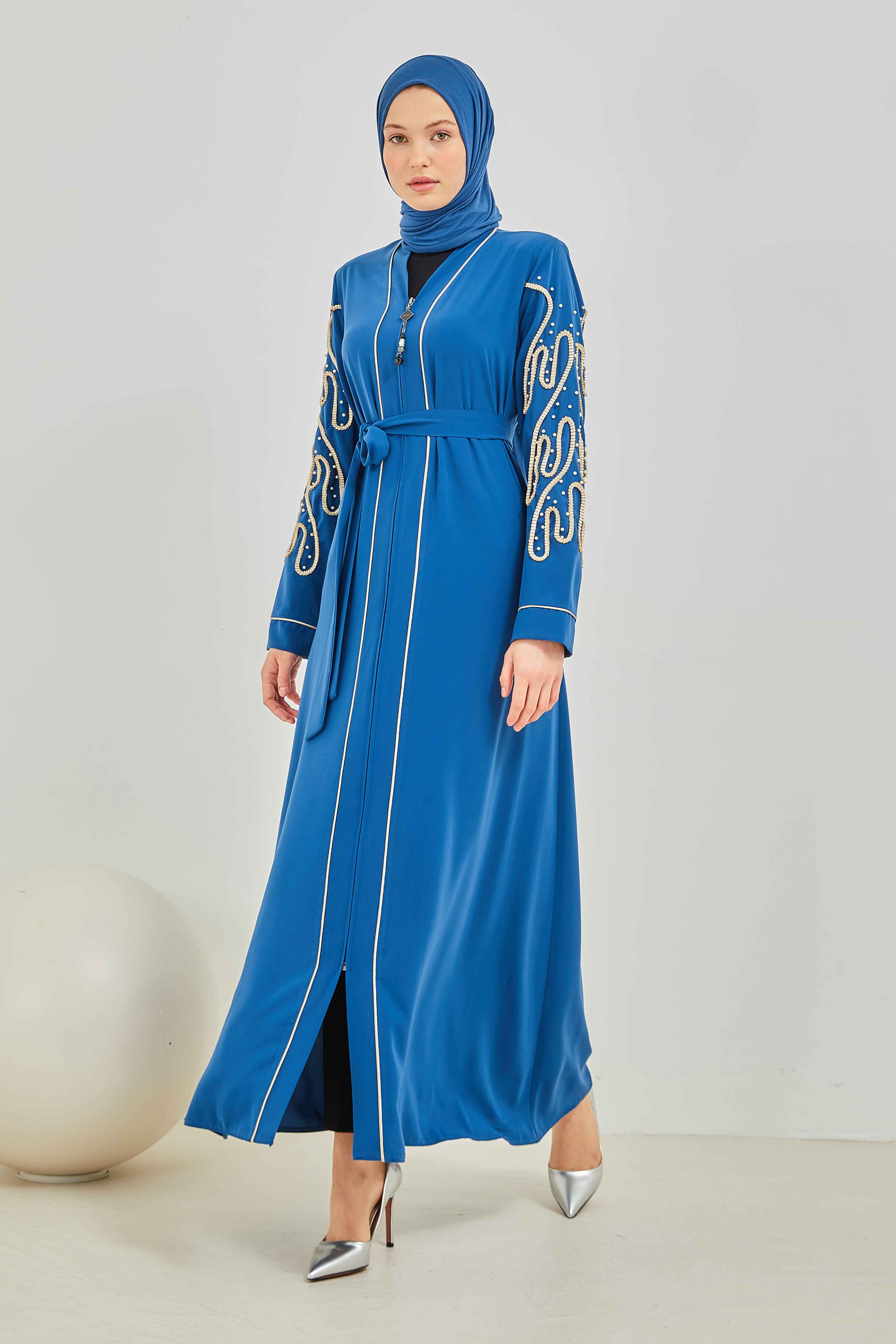 İnci ve Kurdele Nakışı Detaylı Biyeli Abaya Ferace İndigo | 206766