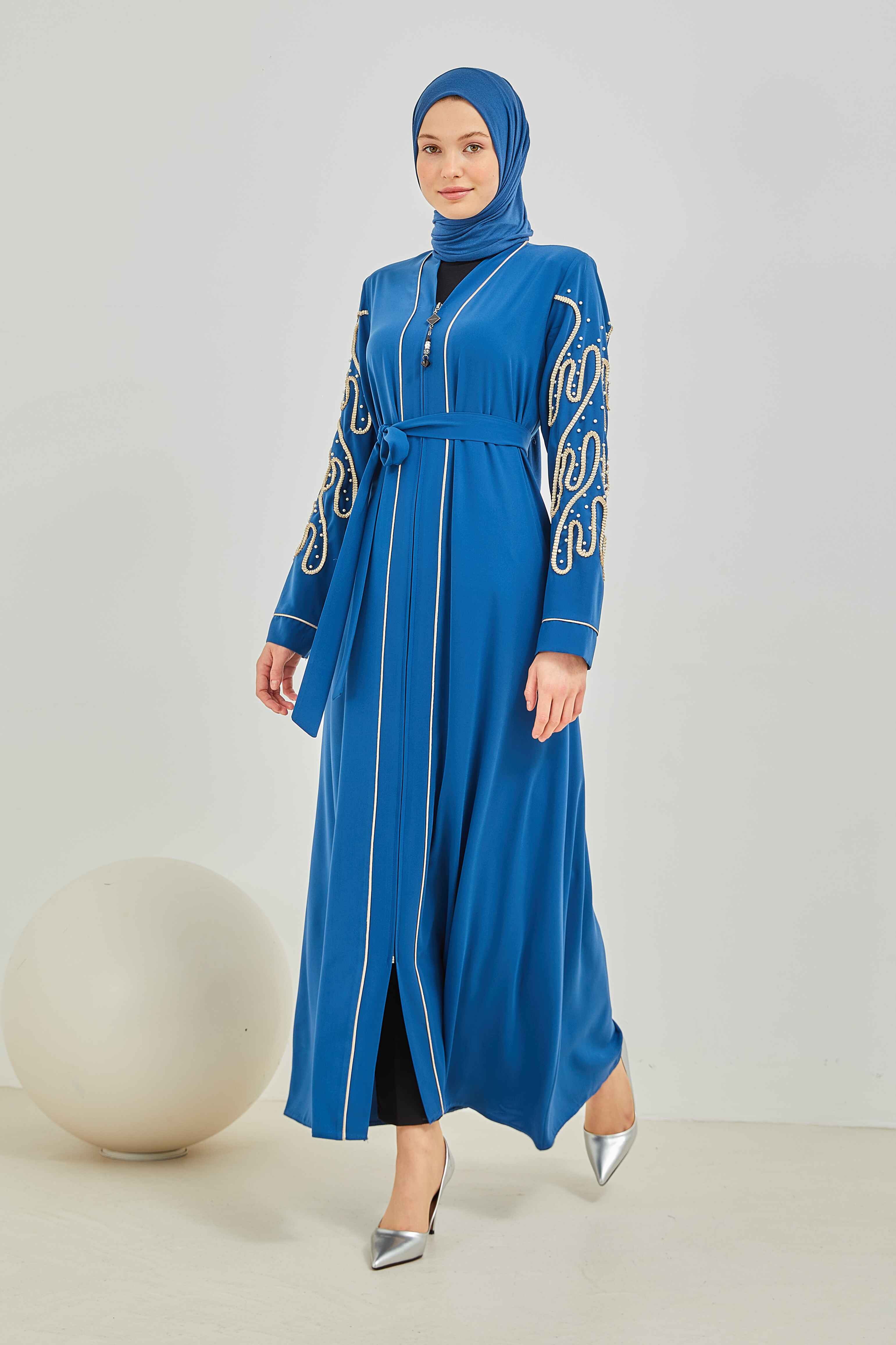 İnci ve Kurdele Nakışı Detaylı Biyeli Abaya Ferace İndigo | 206766