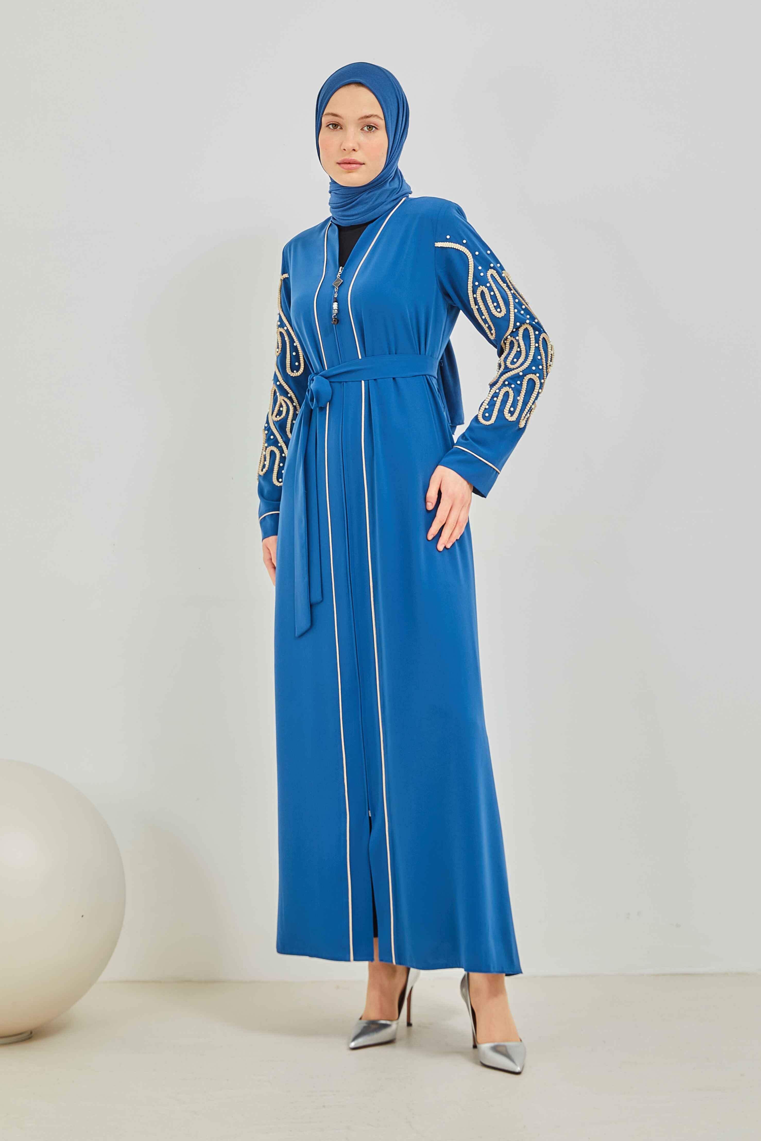 İnci ve Kurdele Nakışı Detaylı Biyeli Abaya Ferace İndigo | 206766
