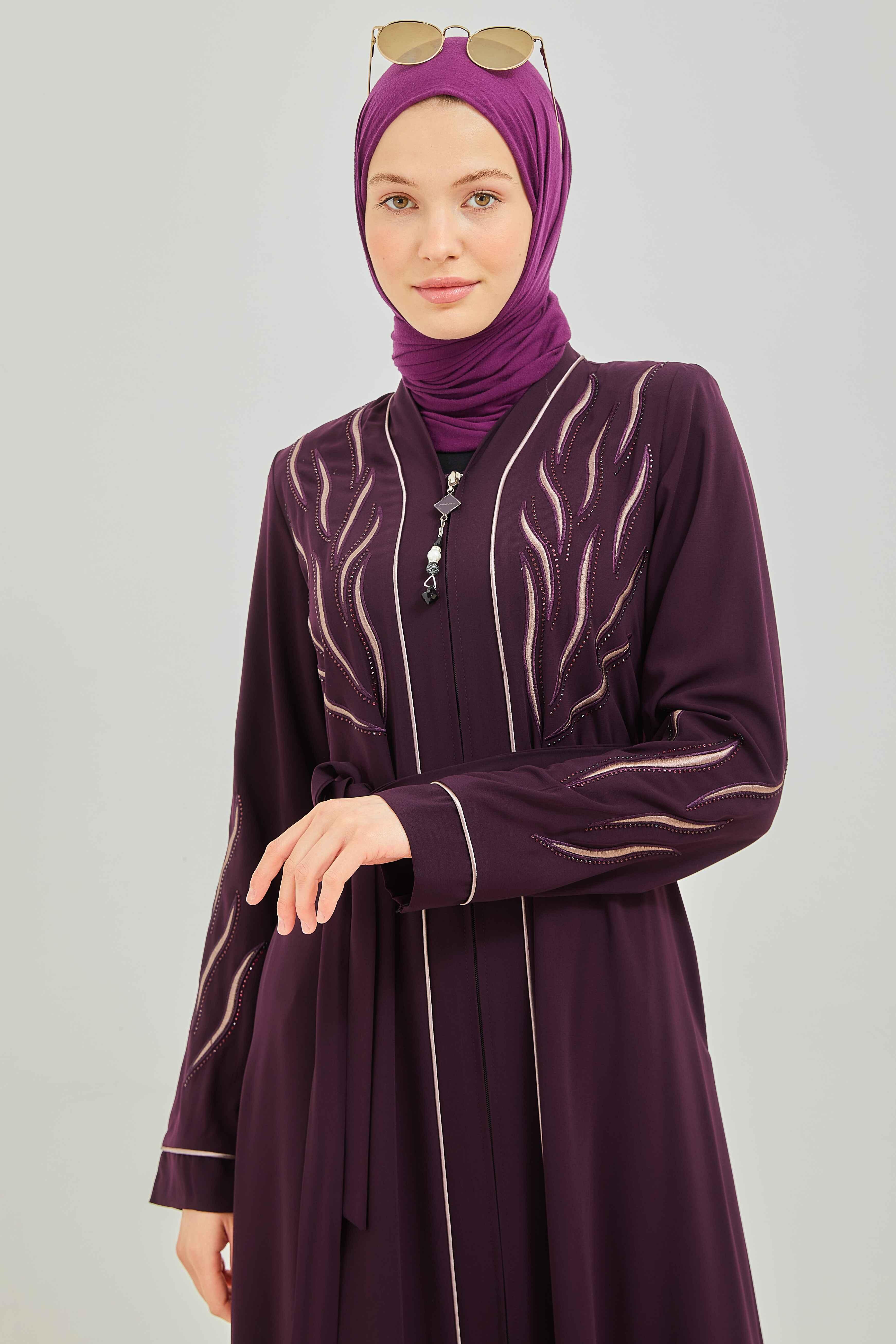 Taş ve Nakış Detaylı Biyeli Abaya Ferace Mürdüm | 206738