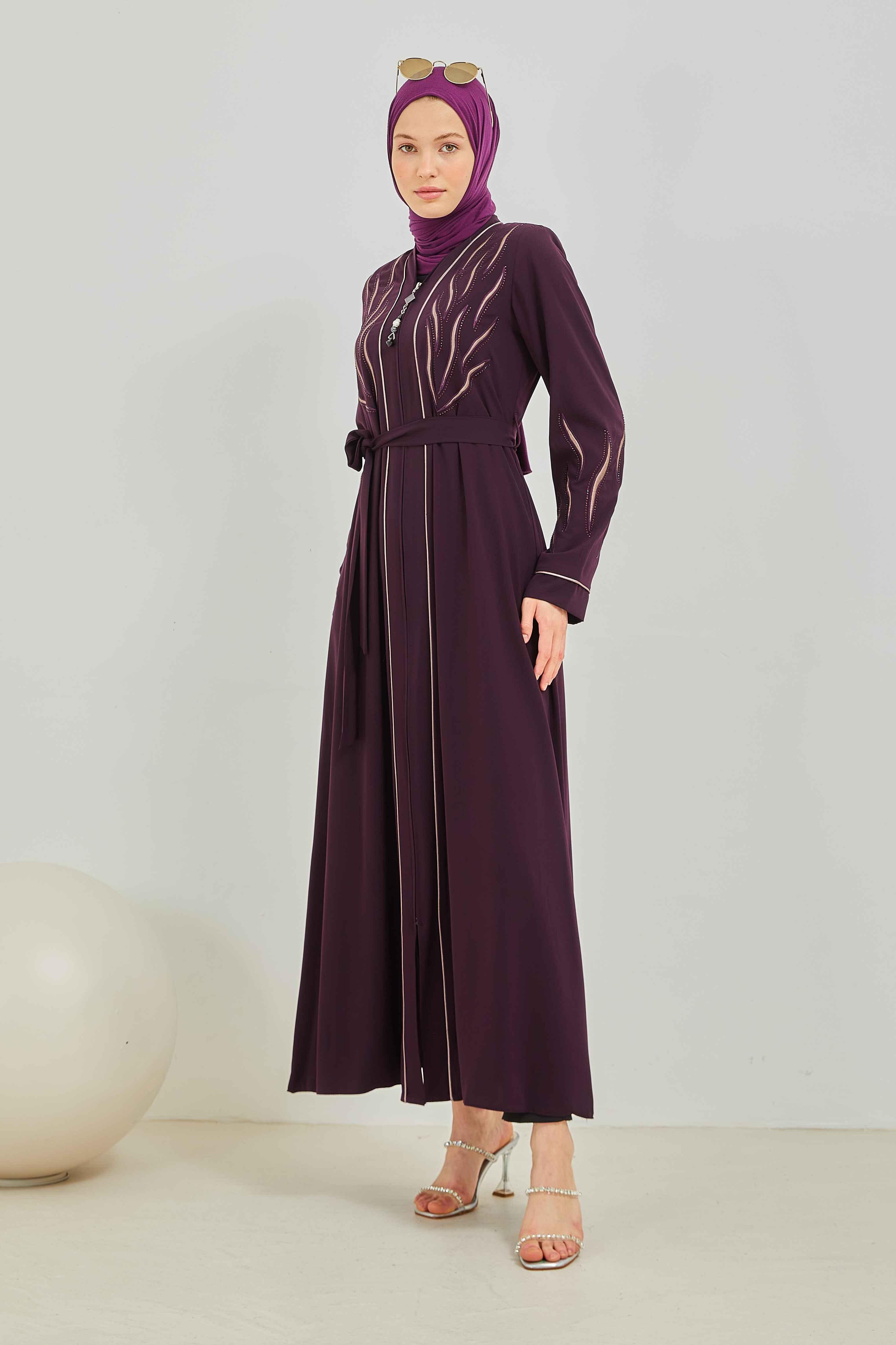 Taş ve Nakış Detaylı Biyeli Abaya Ferace Mürdüm | 206738