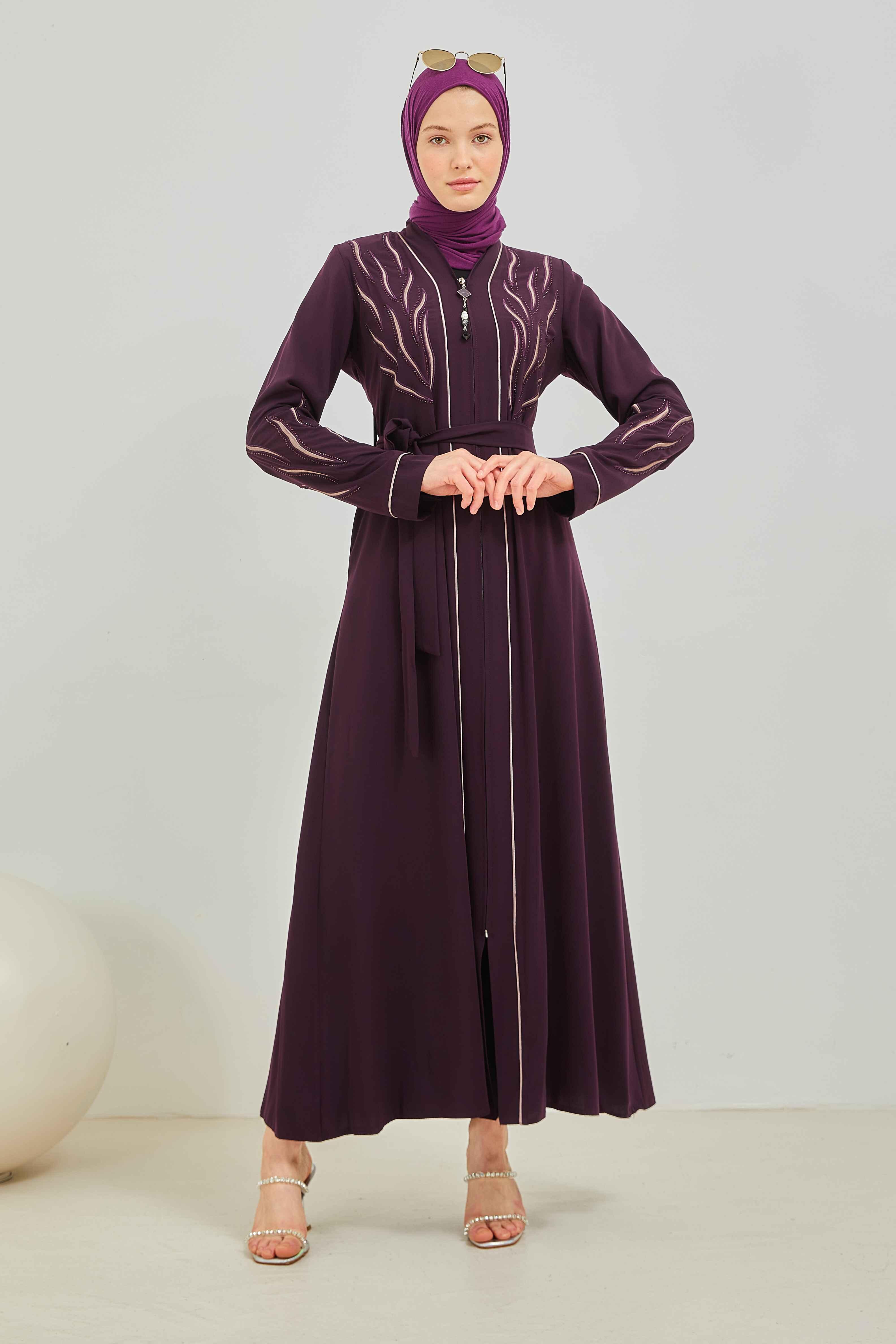 Taş ve Nakış Detaylı Biyeli Abaya Ferace Mürdüm | 206738