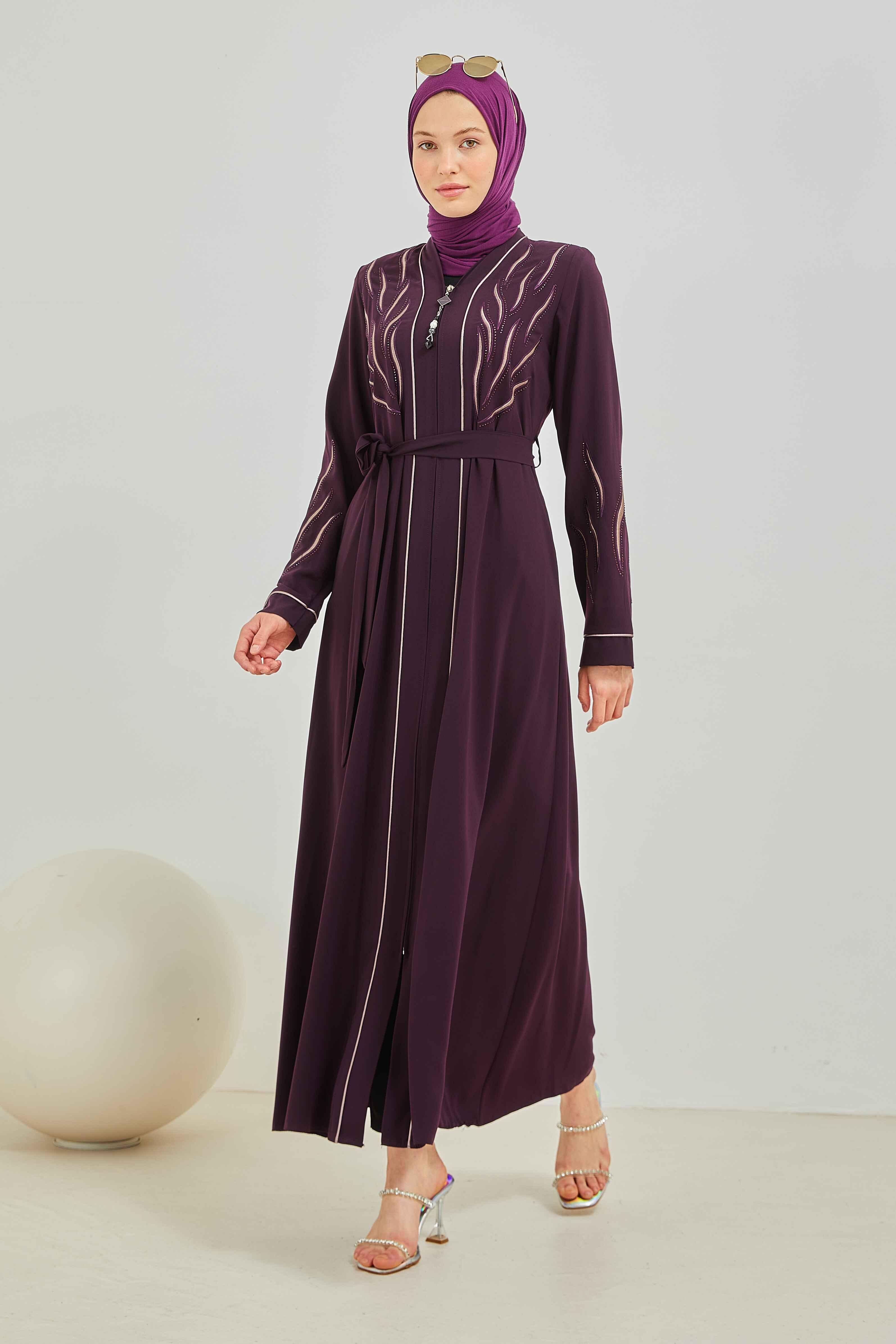 Taş ve Nakış Detaylı Biyeli Abaya Ferace Mürdüm | 206738