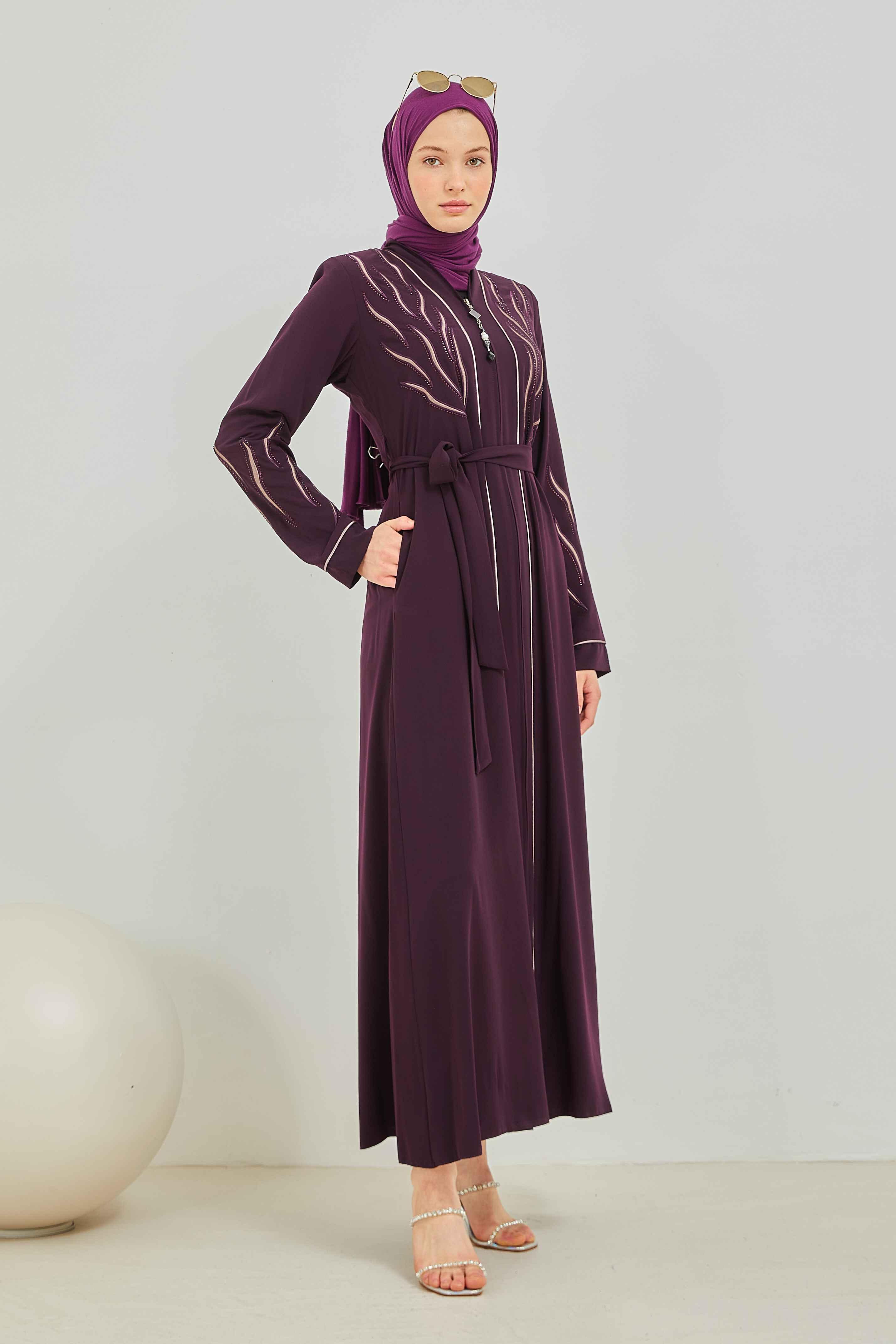 Taş ve Nakış Detaylı Biyeli Abaya Ferace Mürdüm | 206738