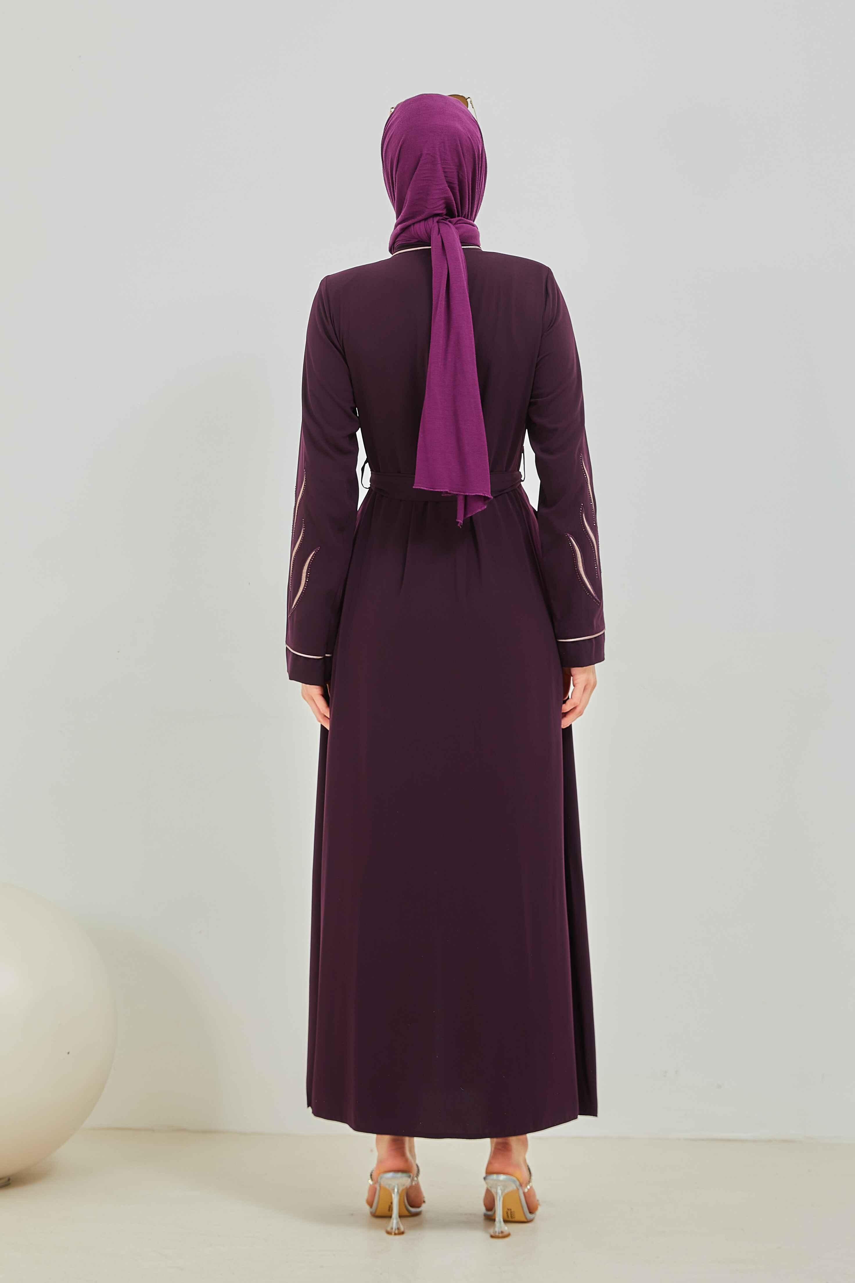 Taş ve Nakış Detaylı Biyeli Abaya Ferace Mürdüm | 206738