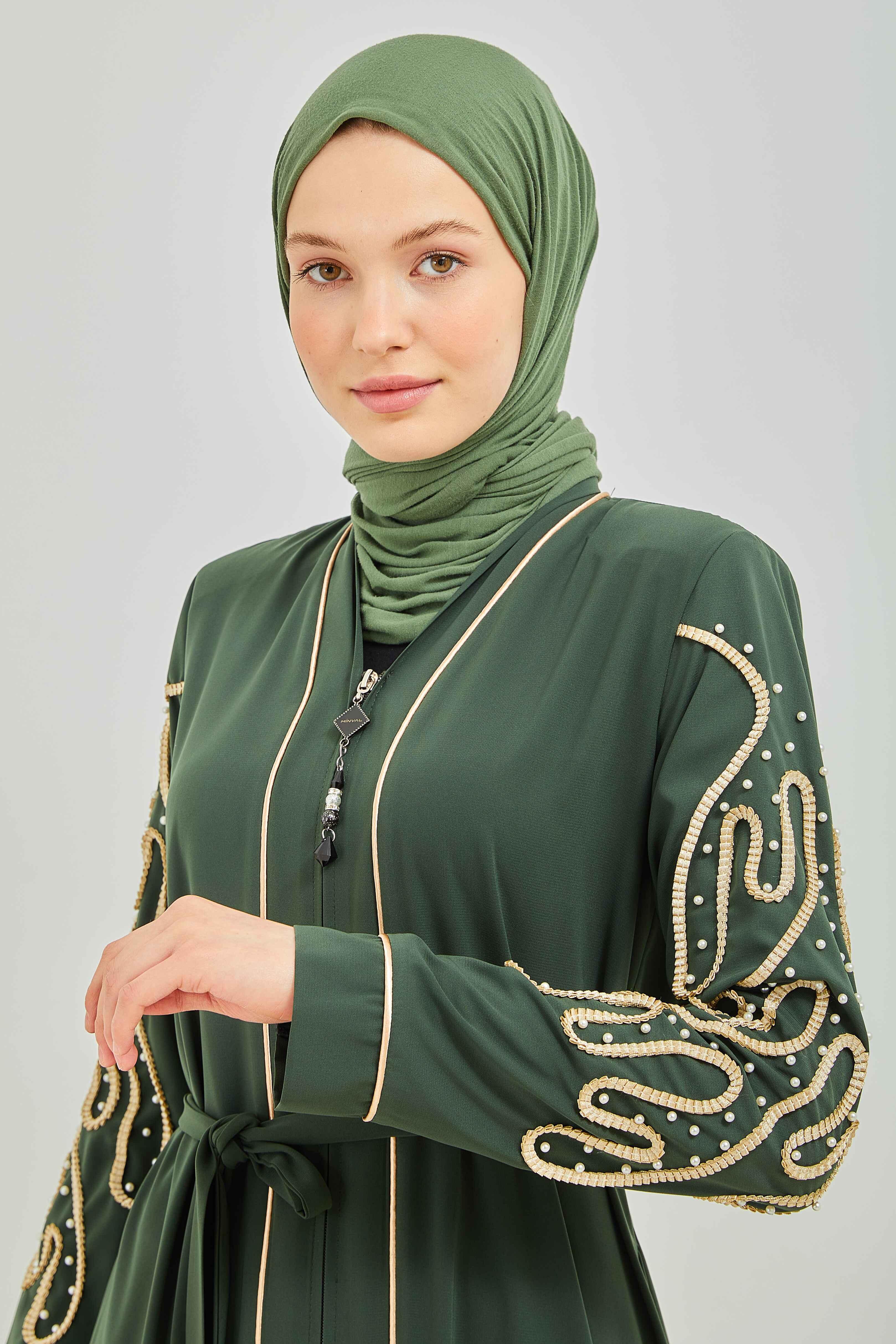 İnci ve Kurdele Nakışı Detaylı Biyeli Abaya Ferace Haki | 206769