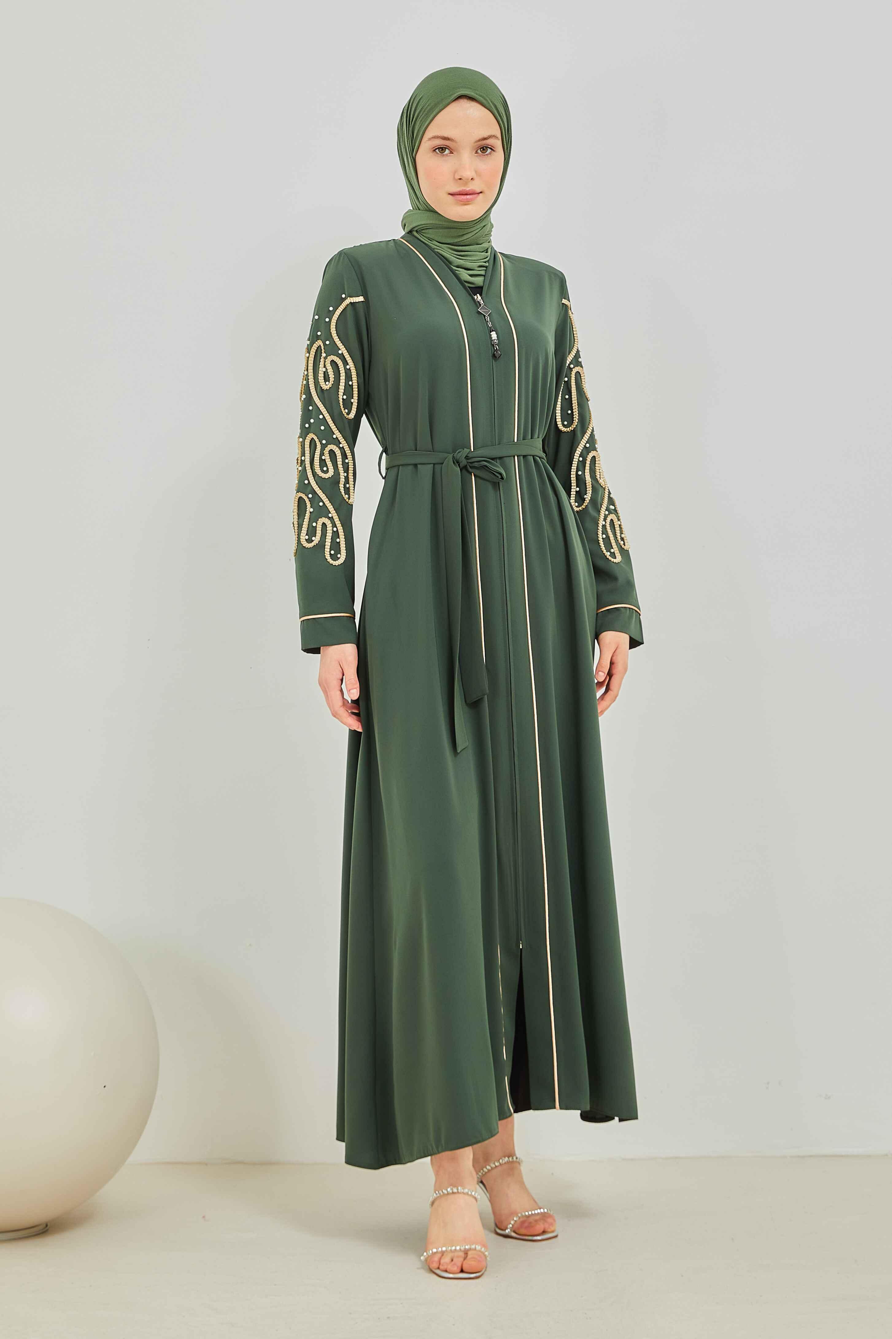 İnci ve Kurdele Nakışı Detaylı Biyeli Abaya Ferace Haki | 206769