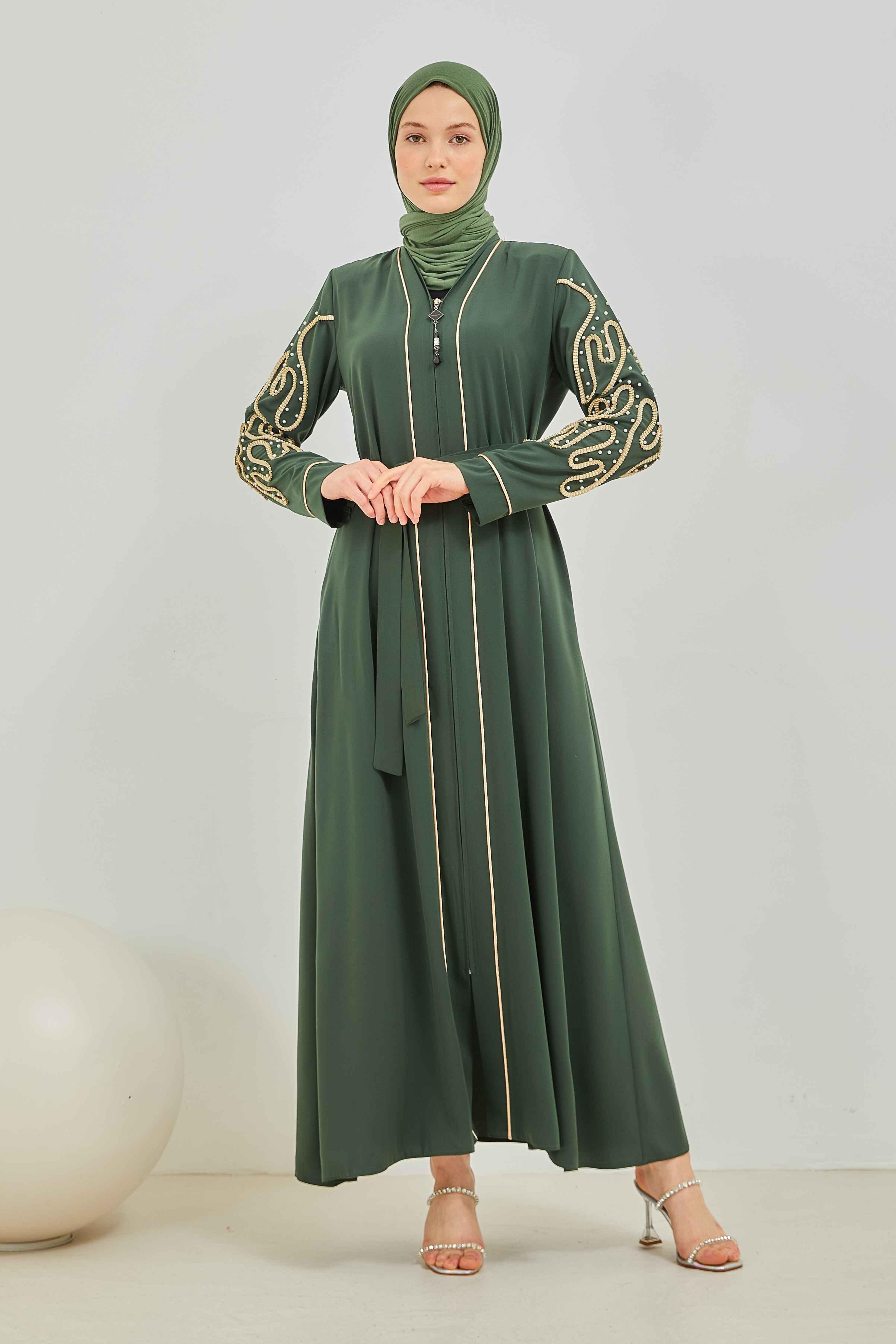 İnci ve Kurdele Nakışı Detaylı Biyeli Abaya Ferace Haki | 206769