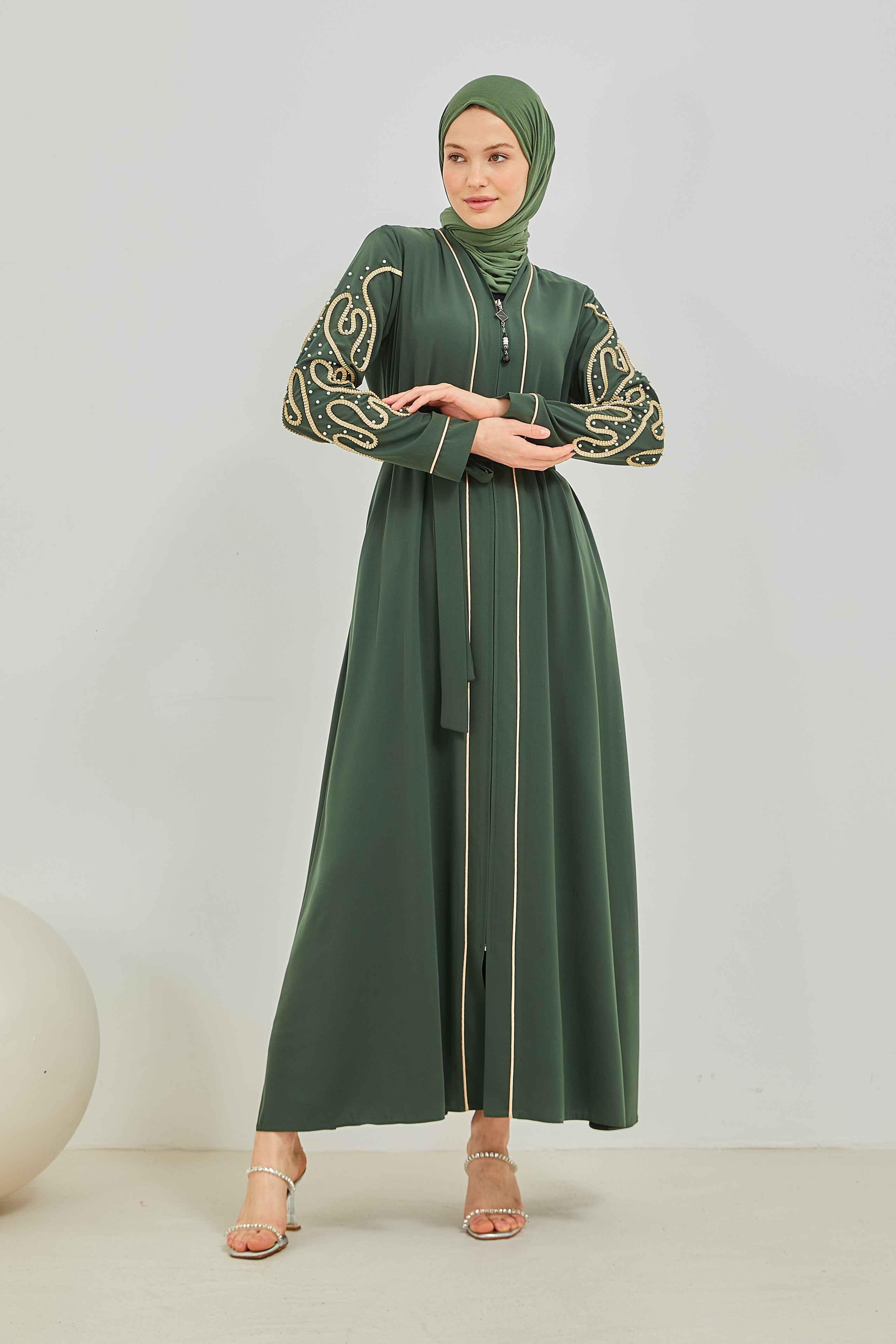 İnci ve Kurdele Nakışı Detaylı Biyeli Abaya Ferace Haki | 206769