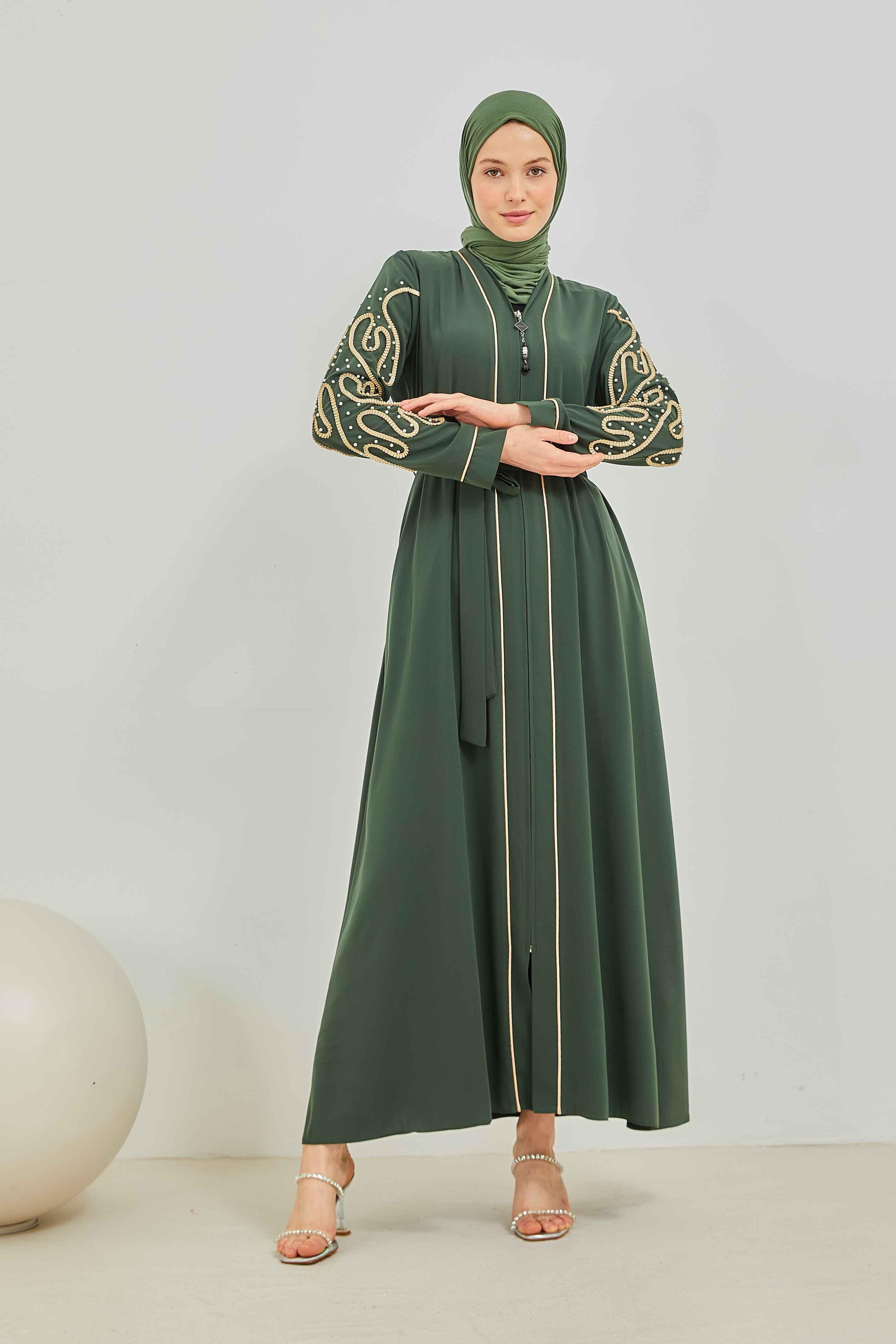 İnci ve Kurdele Nakışı Detaylı Biyeli Abaya Ferace Haki | 206769