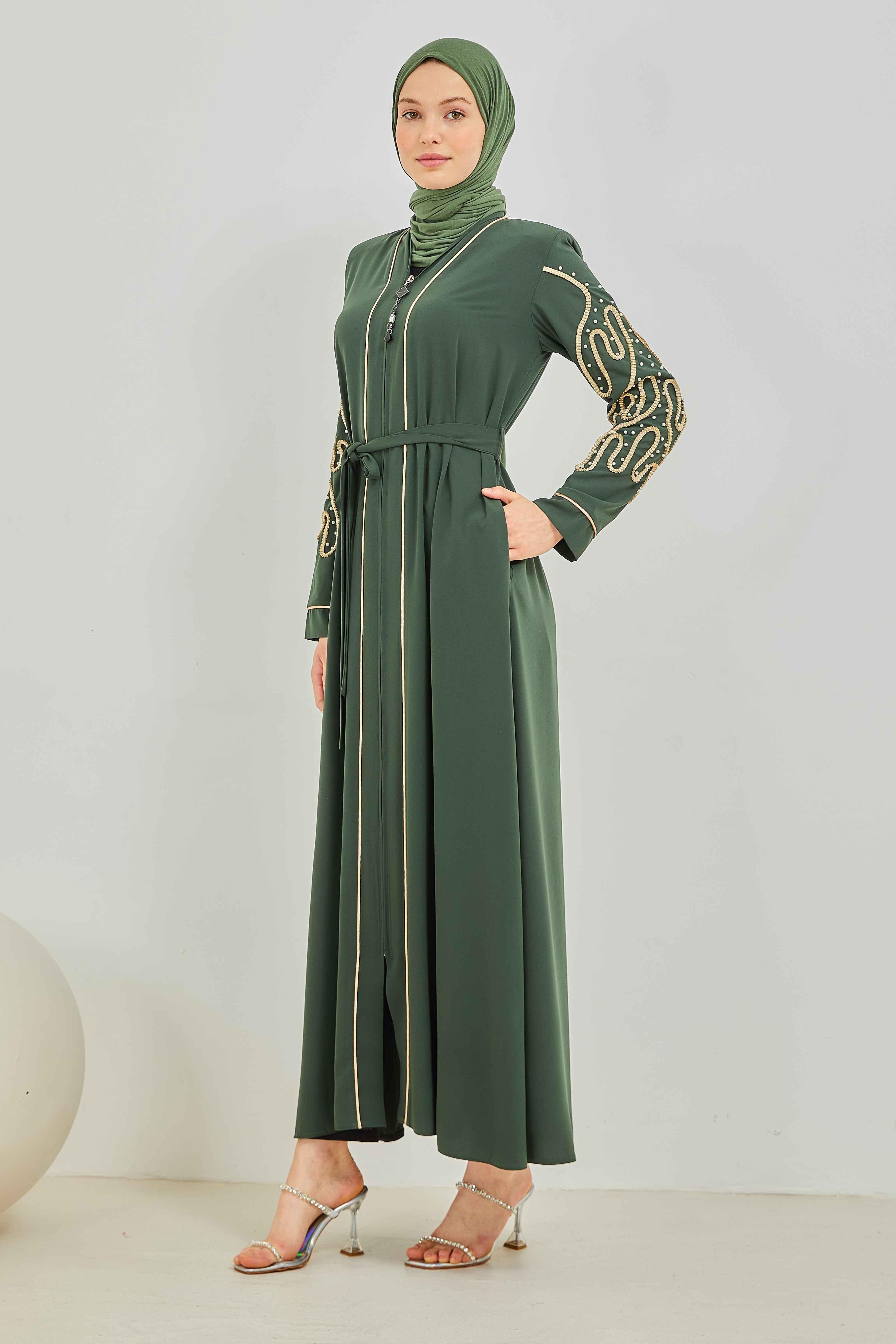 İnci ve Kurdele Nakışı Detaylı Biyeli Abaya Ferace Haki | 206769