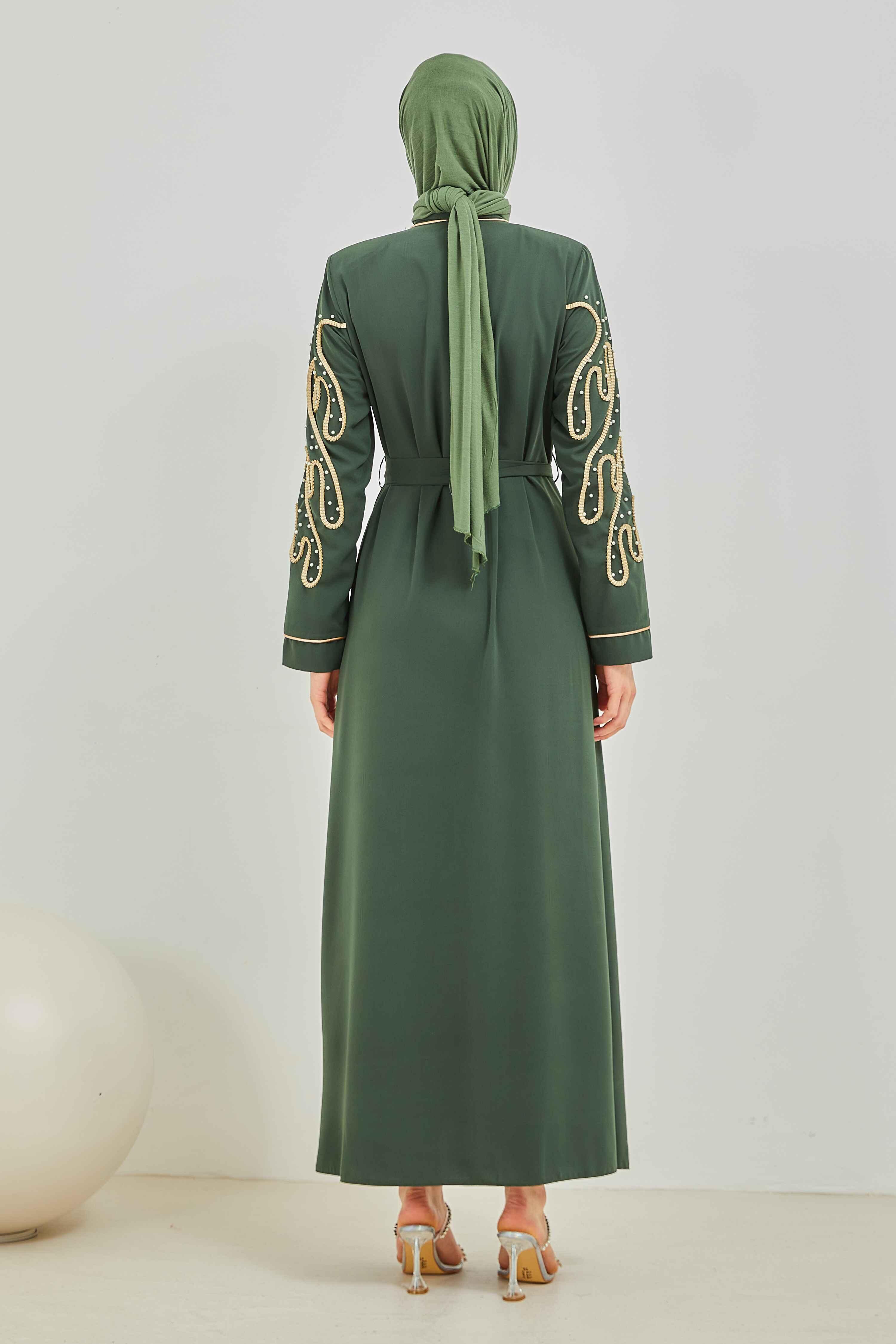 İnci ve Kurdele Nakışı Detaylı Biyeli Abaya Ferace Haki | 206769