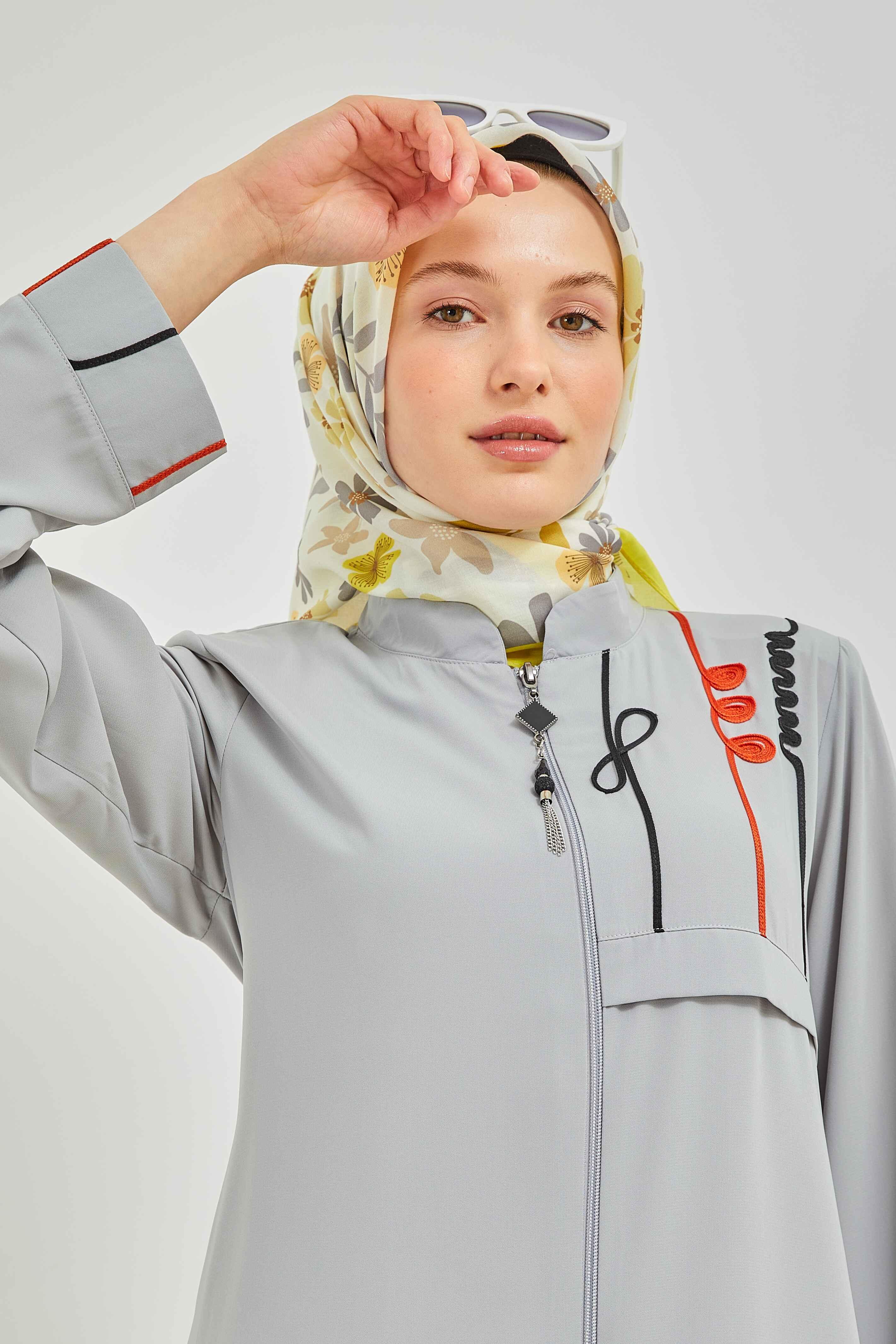 Omzu Nakışlı Ferace Gri | 2090-24