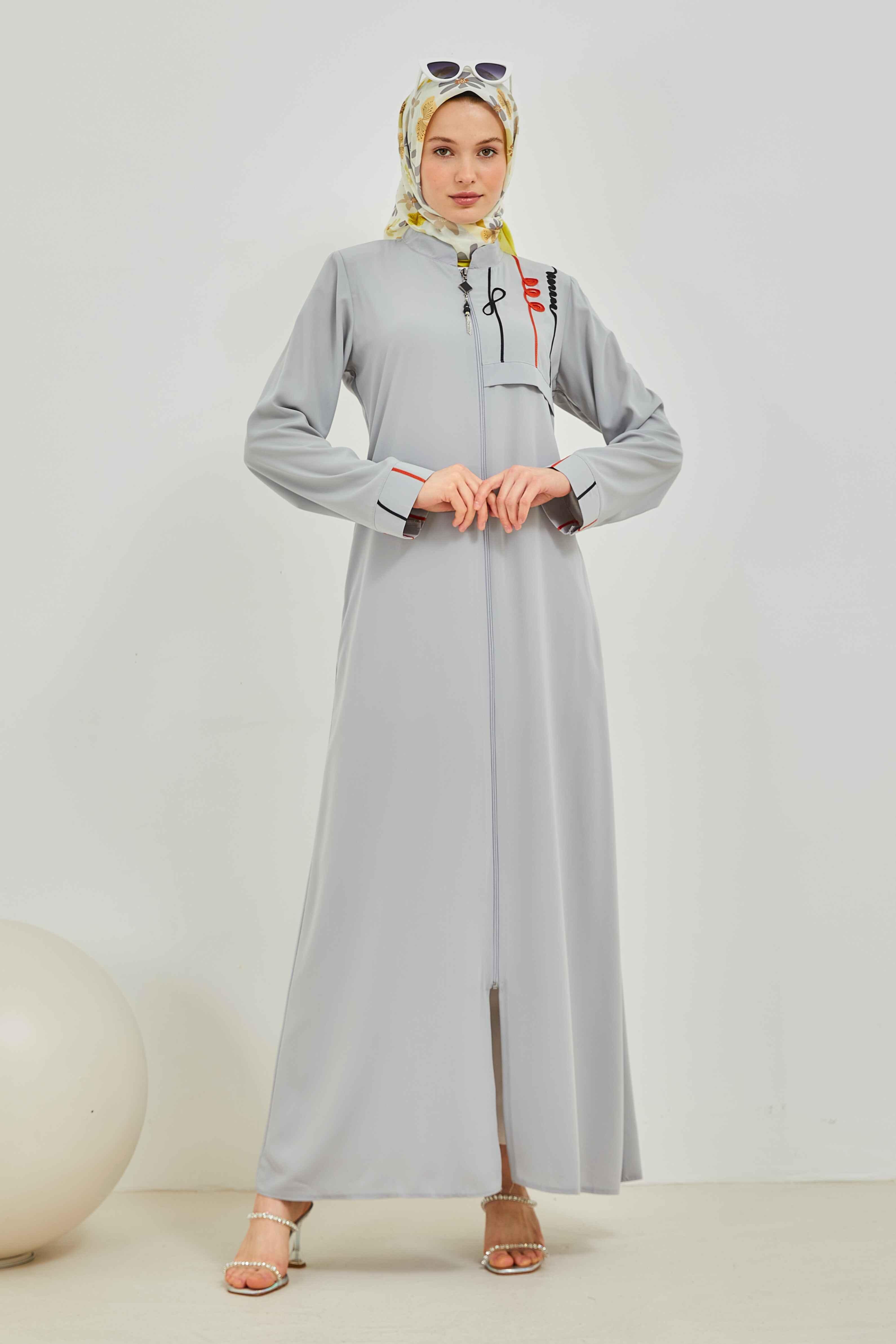 Omzu Nakışlı Ferace Gri | 2090-24