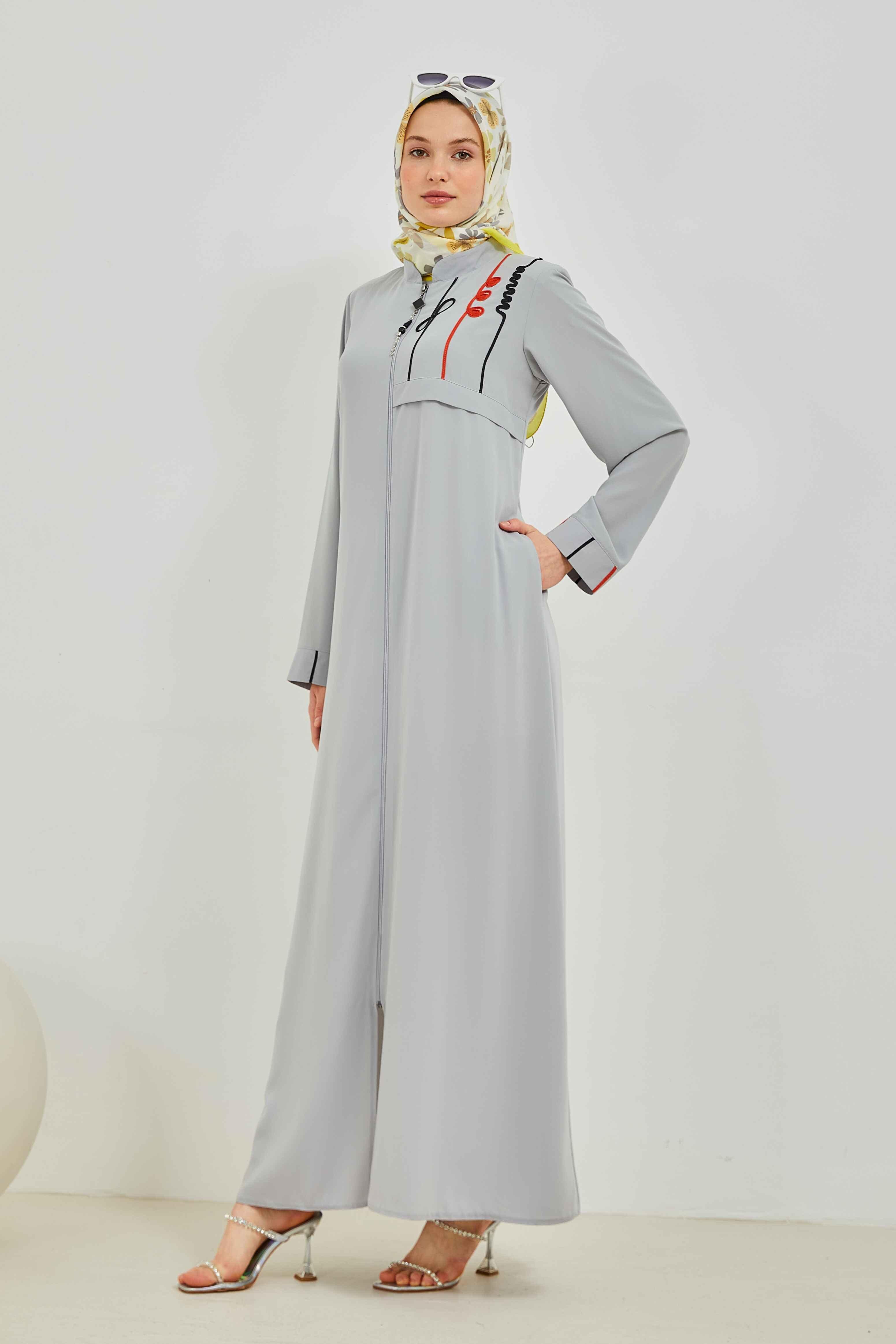Omzu Nakışlı Ferace Gri | 2090-24
