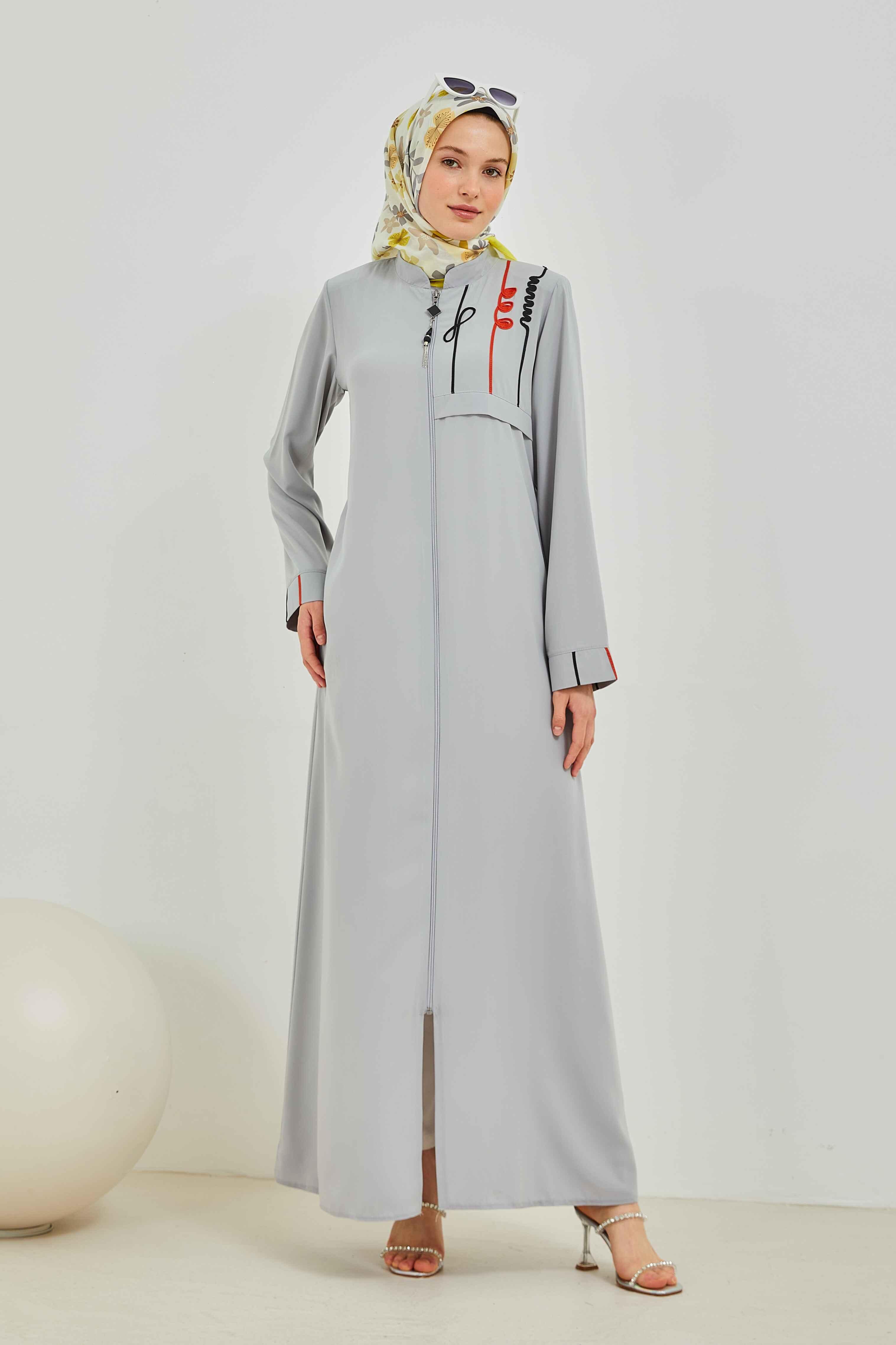 Omzu Nakışlı Ferace Gri | 2090-24