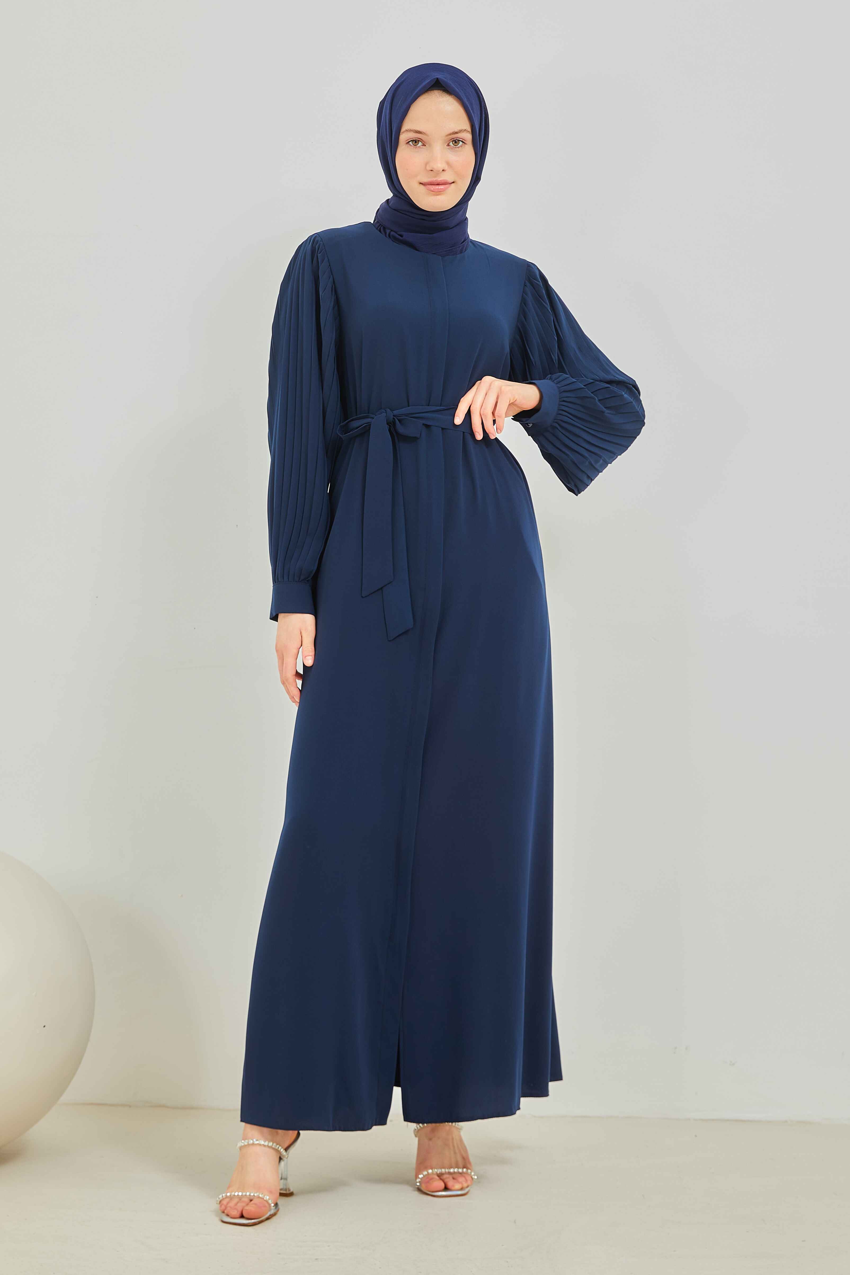 Pilise Kollu Beli Kuşaklı Sade Ferace Lacivert | 20895
