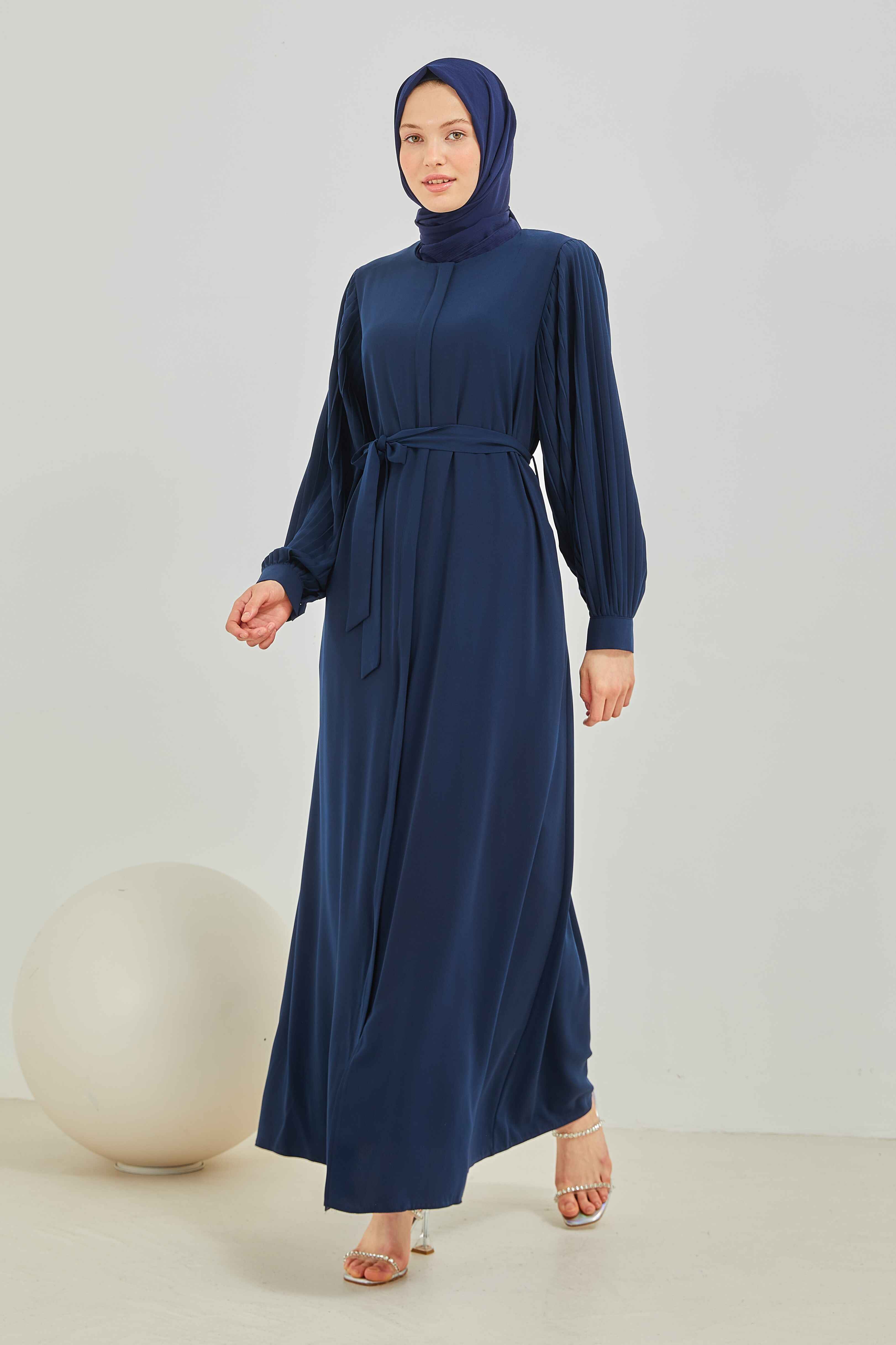 Pilise Kollu Beli Kuşaklı Sade Ferace Lacivert | 20895