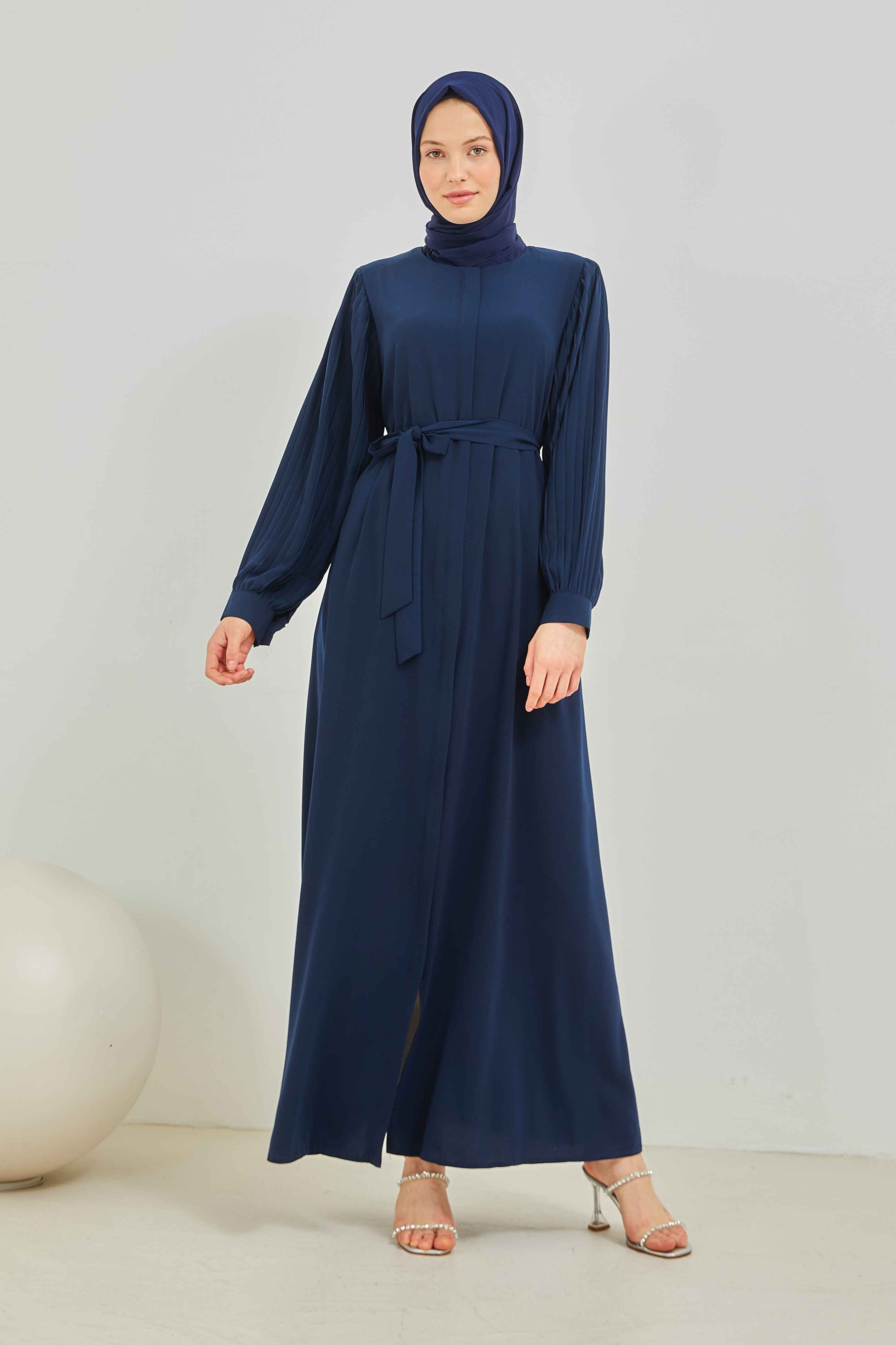 Pilise Kollu Beli Kuşaklı Sade Ferace Lacivert | 20895